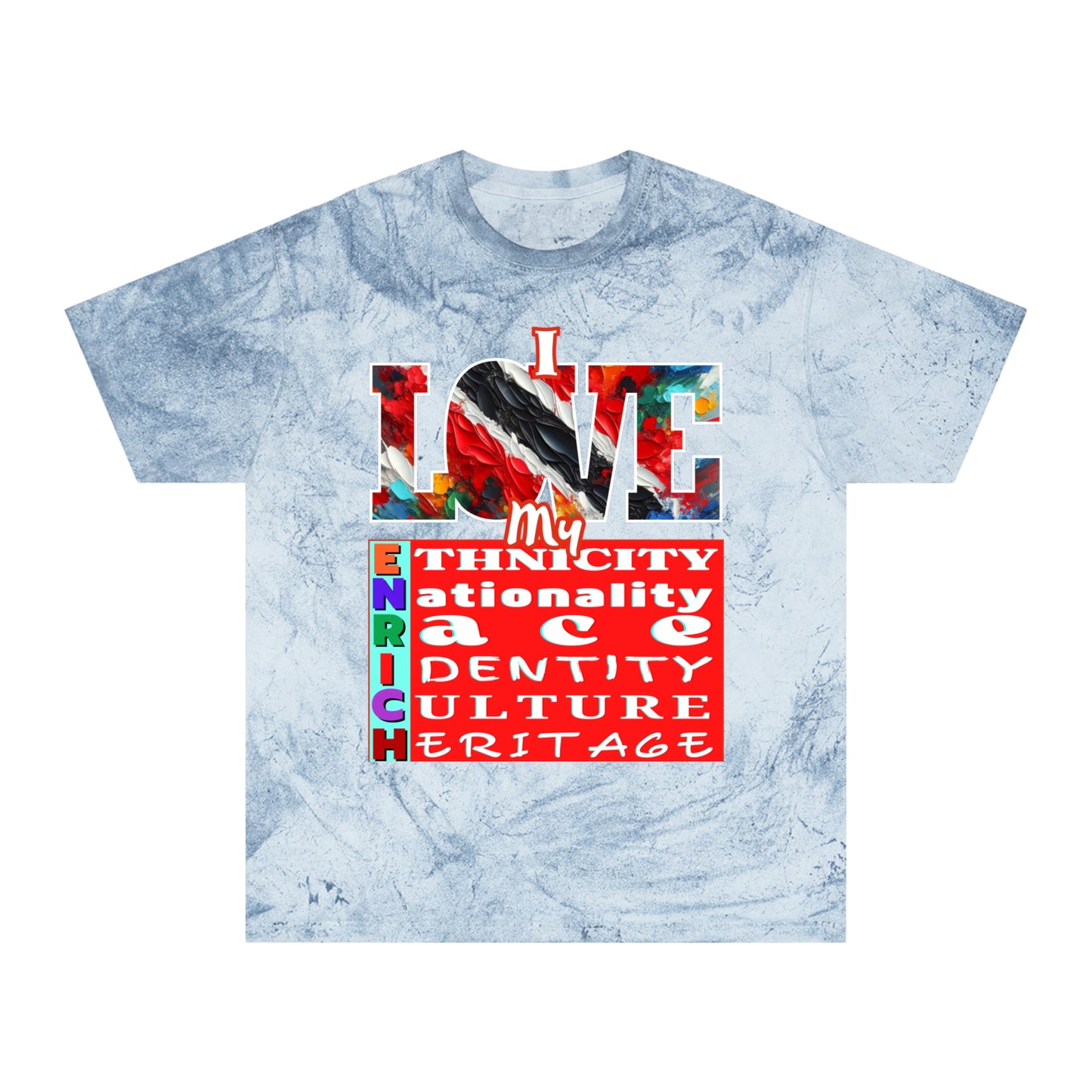 Unisex Color Blast T-Shirt "I Love My ENRICH" Trinidad Unity, Anti-Racism, One Love, Inclusion Diversity, Immigrant Outsiders, Togetherness, FashionWithPurpose, Conscious Clothing, Cultural Identity, Black Inspiration Empowerment