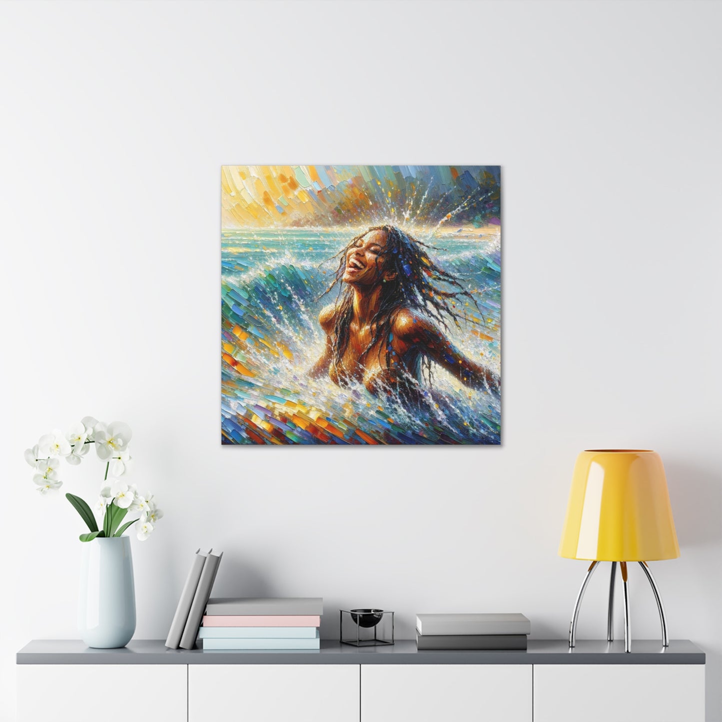 Art Print#4 of Dougla Woman's Exhilaration Captured - Joy, Laughter, Color, Caribbean Sea, Oil Finish, West Indian Art, Canvas Gallery Wraps