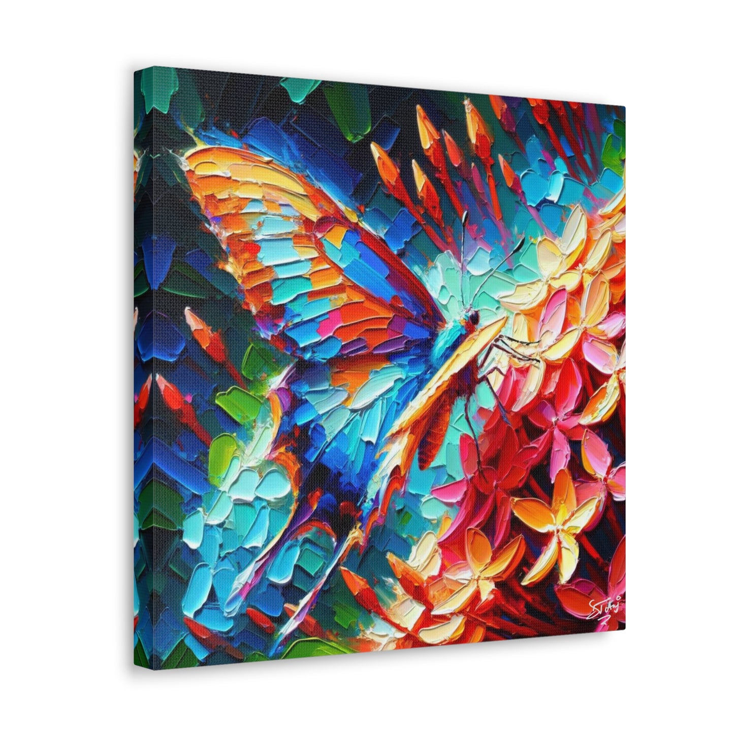 Art Print, Butterfly on Ixoras, Oil Finish, Caribbean Nature, Cultural, Heritage, Semi-Abstract, Canvas Gallery Wrap