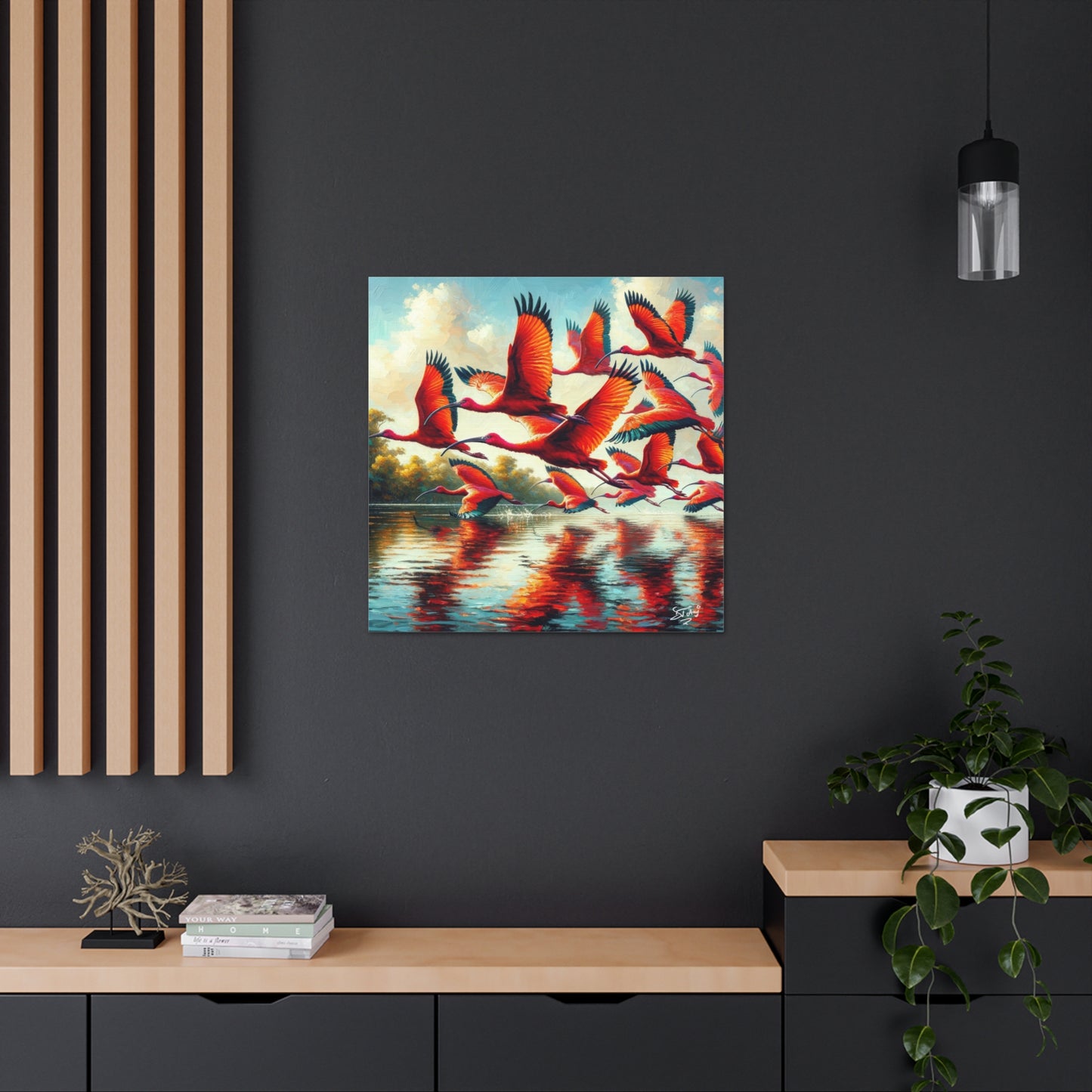 Art Print, Scarlet Ibises in flight, Oil Finish, Trinidad & Tobago, Caribbean, West Indian Art, Canvas Gallery Wraps