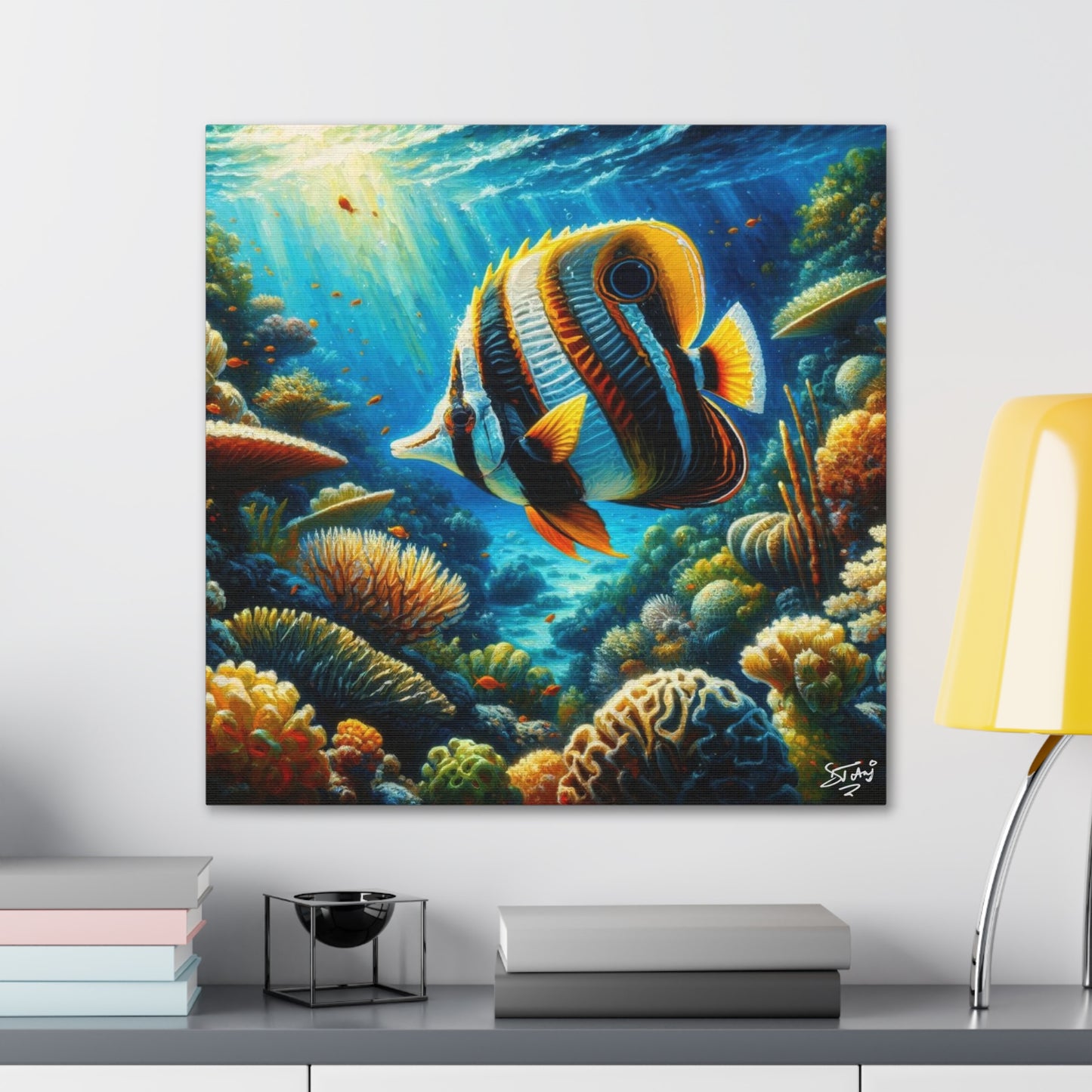 Art Print, Banded Butterflyfish in Coral Reef, Oil Finish, Caribbean Nature, Semi-Abstract, Canvas Gallery Wrap