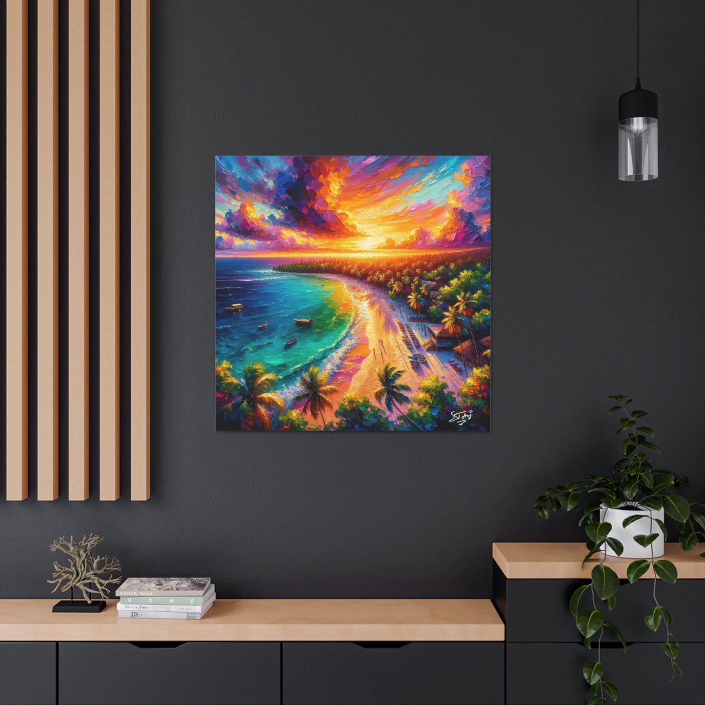 Art Print of Caribbean Beach Sunset Scene, Oil Painting, West Indian Art, Canvas Gallery Wraps