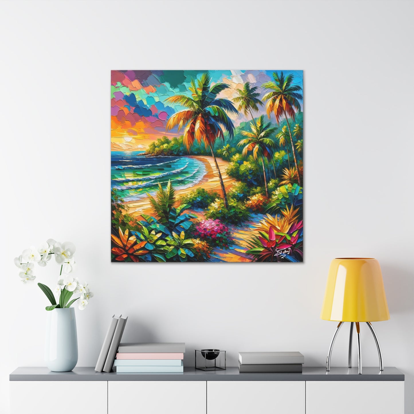 Art Print of Caribbean Beach Sunset, Semi-Abstract, Oil Painting, West Indian Art, Canvas Gallery Wraps