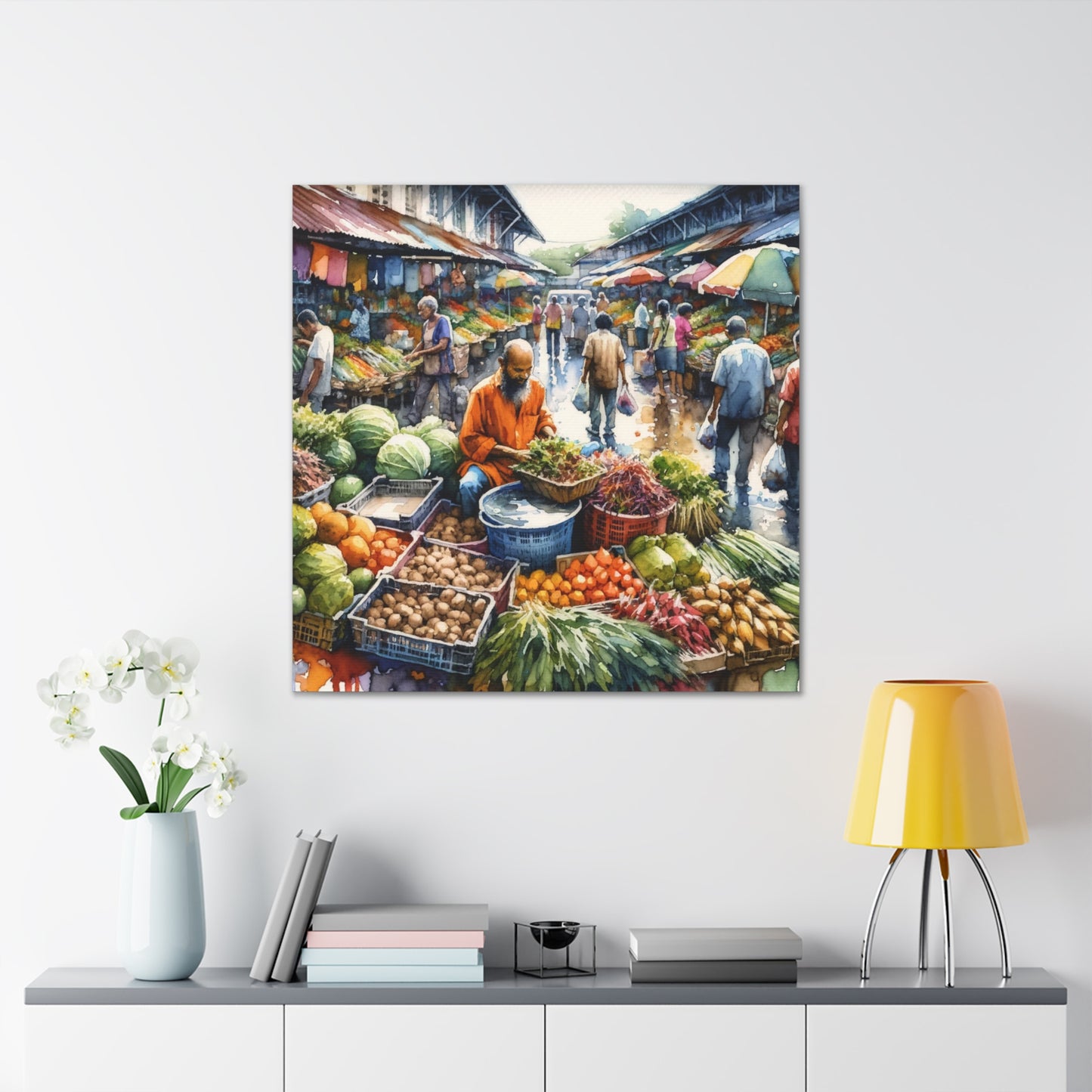 Art Print, "Selling at the Market", Market Scene in Trinidad, Caribbean, Watercolor Finish, West Indian Art, Canvas Gallery Wraps