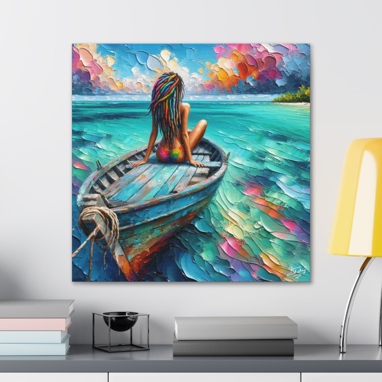 Art Print, Caribbean Woman "Chilling in the Boat" Oil Finish, West Indian Ethnicity, Cultural, Heritage, Semi-Abstract, Canvas Gallery Wrap