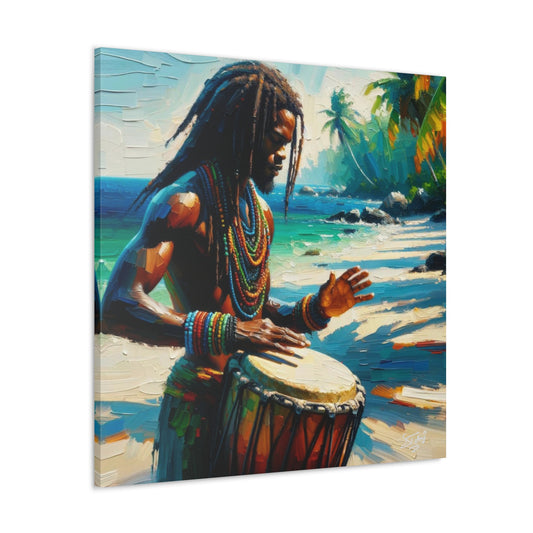 Art Print, Afro-Caribbean Man, "Drumming" Oil Finish, West Indian Ethnicity, Cultural, Heritage, Abstract, Canvas Gallery Wrap