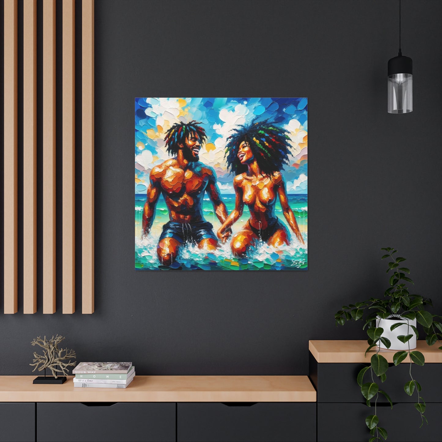 Art Print, Afro-Caribbean Couple in the Ocean, Oil Finish, West Indian Ethnicity, Cultural, Heritage, Semi-Abstract, Canvas Gallery Wrap