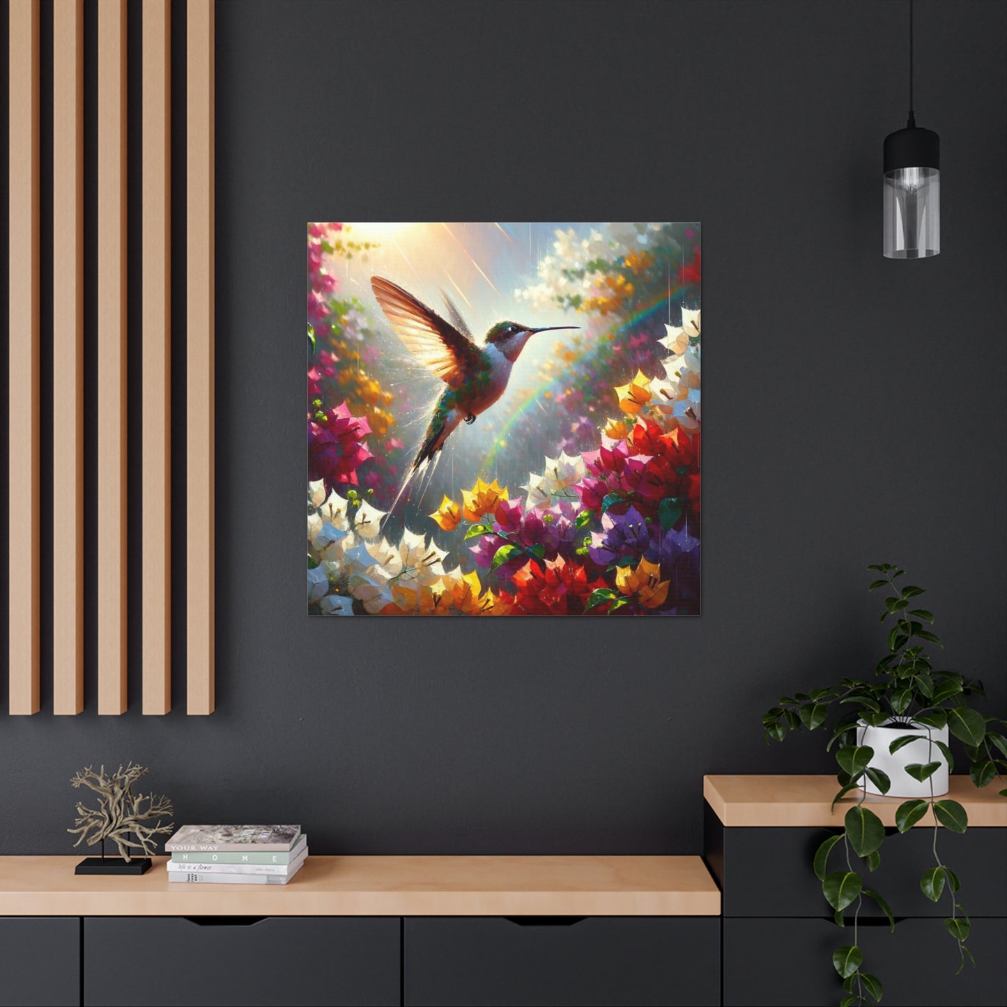 Art Print#3 of Hummingbird in Flight...in the Sun and Rain, Bougainvillea, Caribbean, Oil Finish, West Indian Art, Canvas Gallery Wraps