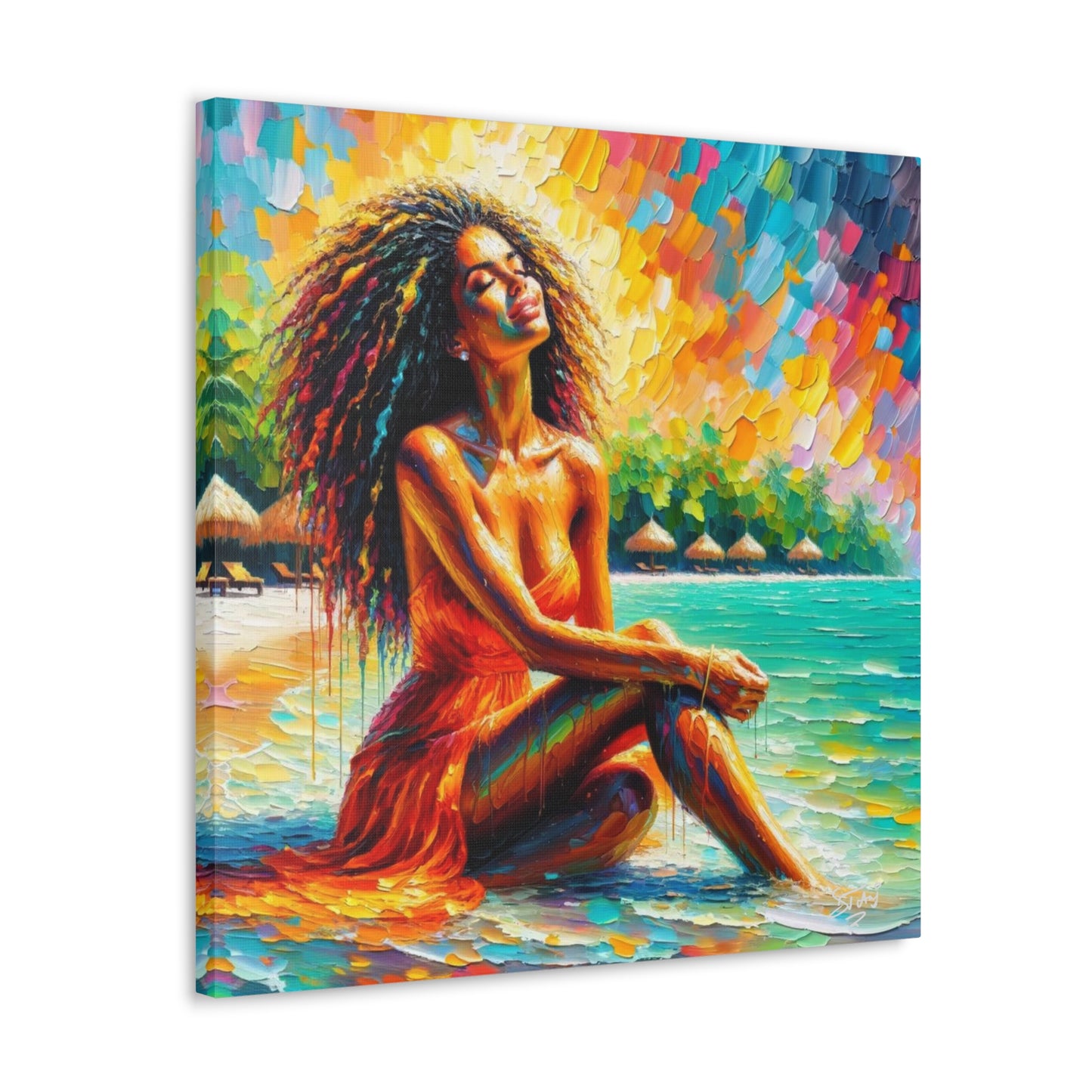 Art Print, Indo-Caribbean Woman, "Chilling on the Beach" Oil Finish, West Indian Ethnicity, Cultural, Heritage, Abstract, Canvas Gallery Wrap