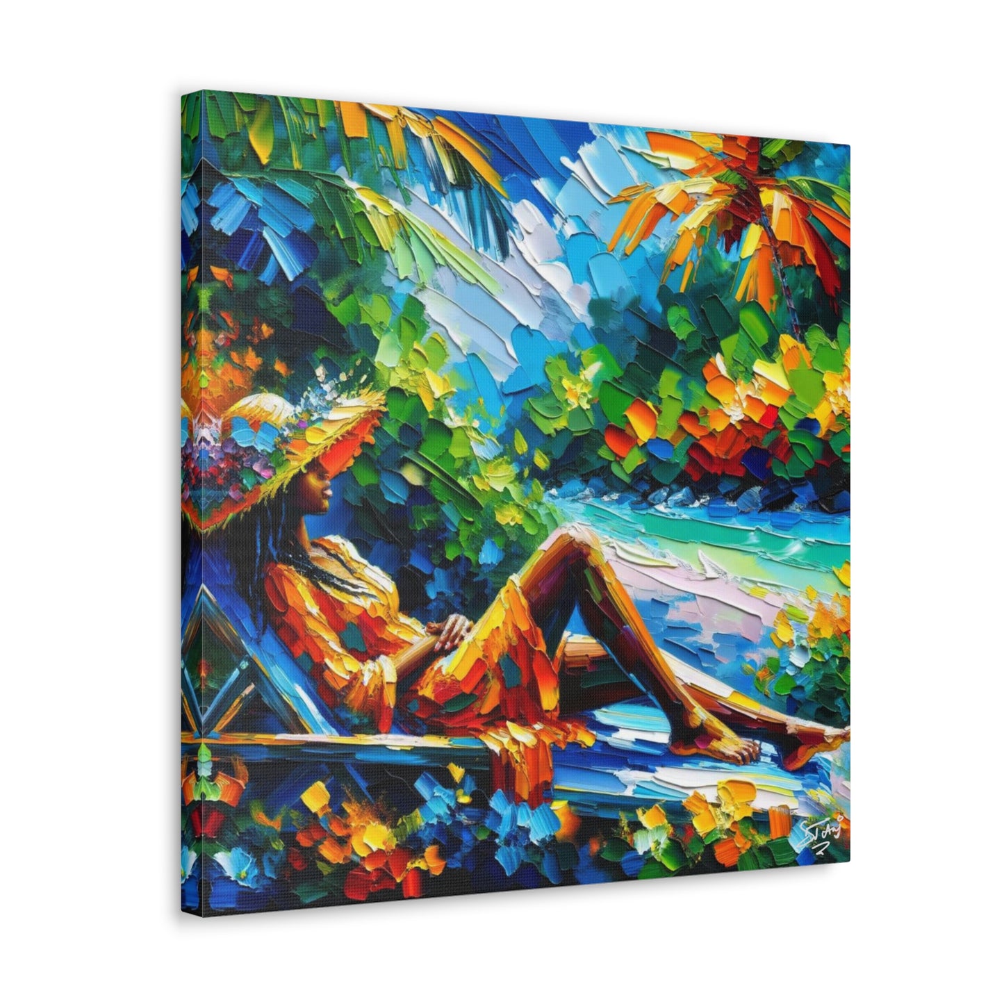 Art Print, Afro-Caribbean Woman, "Relaxing" Oil Finish, West Indian Ethnicity, Cultural, Heritage, Abstract, Canvas Gallery Wrap