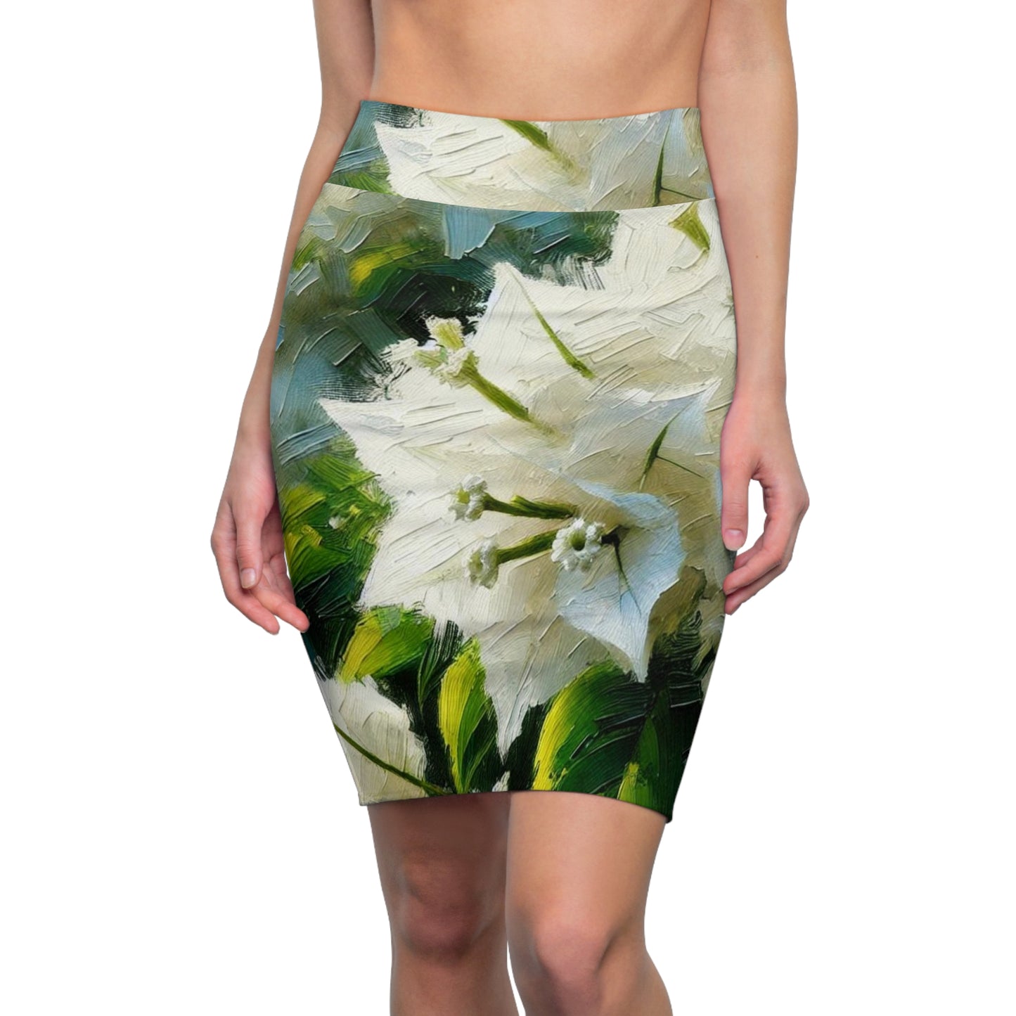 Women's Pencil Skirt (AOP) White Bougainvillea Print