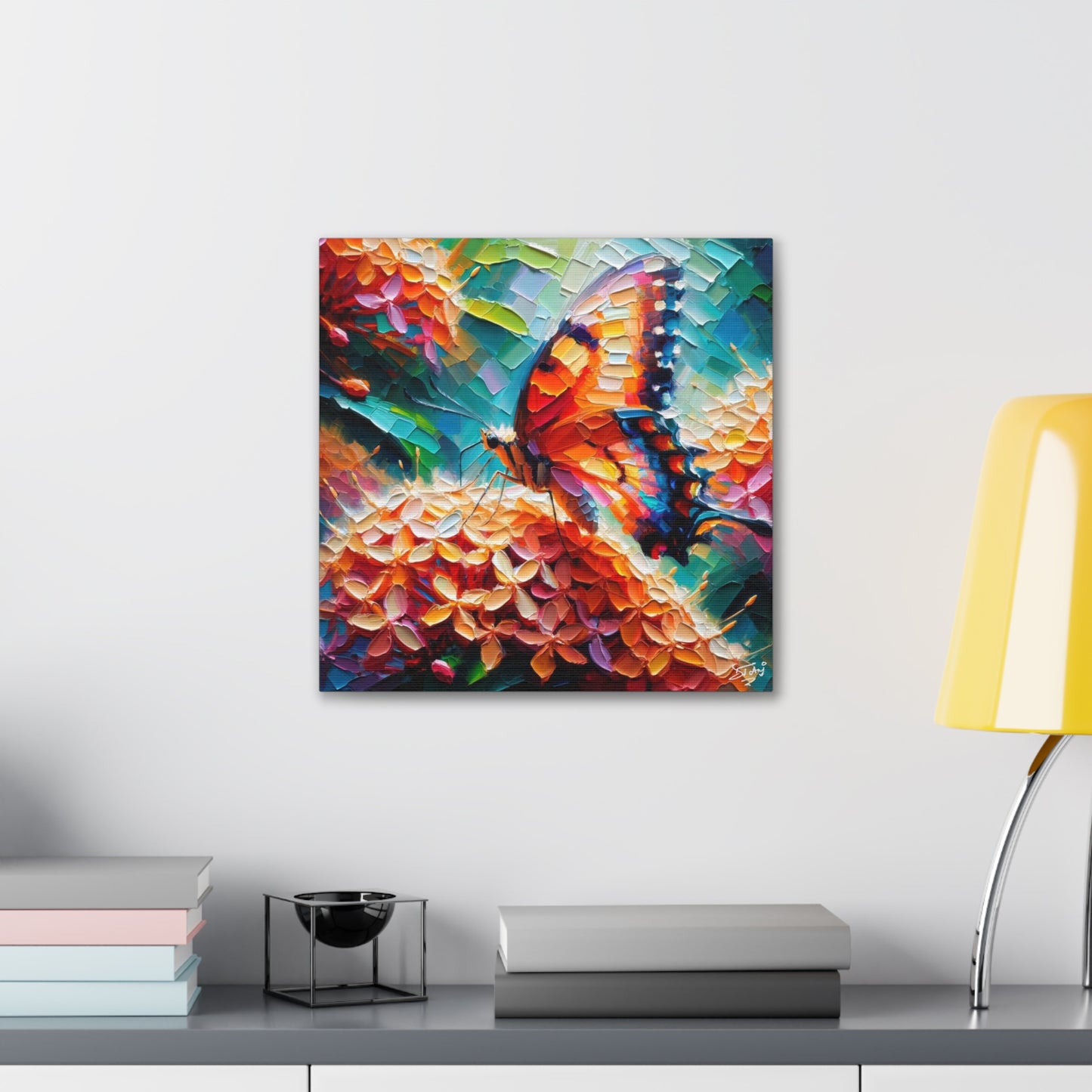 Art Print, Butterfly on Ixoras, Oil Finish, Caribbean Nature, Cultural, Heritage, Semi-Abstract, Canvas Gallery Wrap