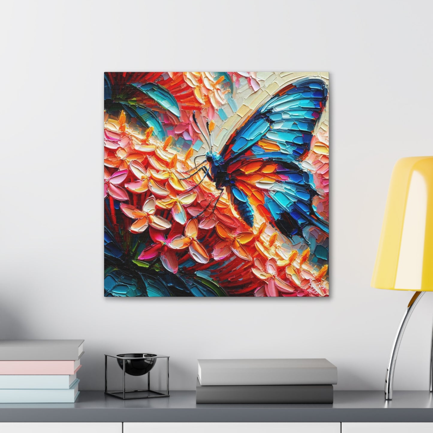 Art Print, Butterfly on Ixoras, Oil Finish, Caribbean Nature, Cultural, Heritage, Semi-Abstract, Canvas Gallery Wrap