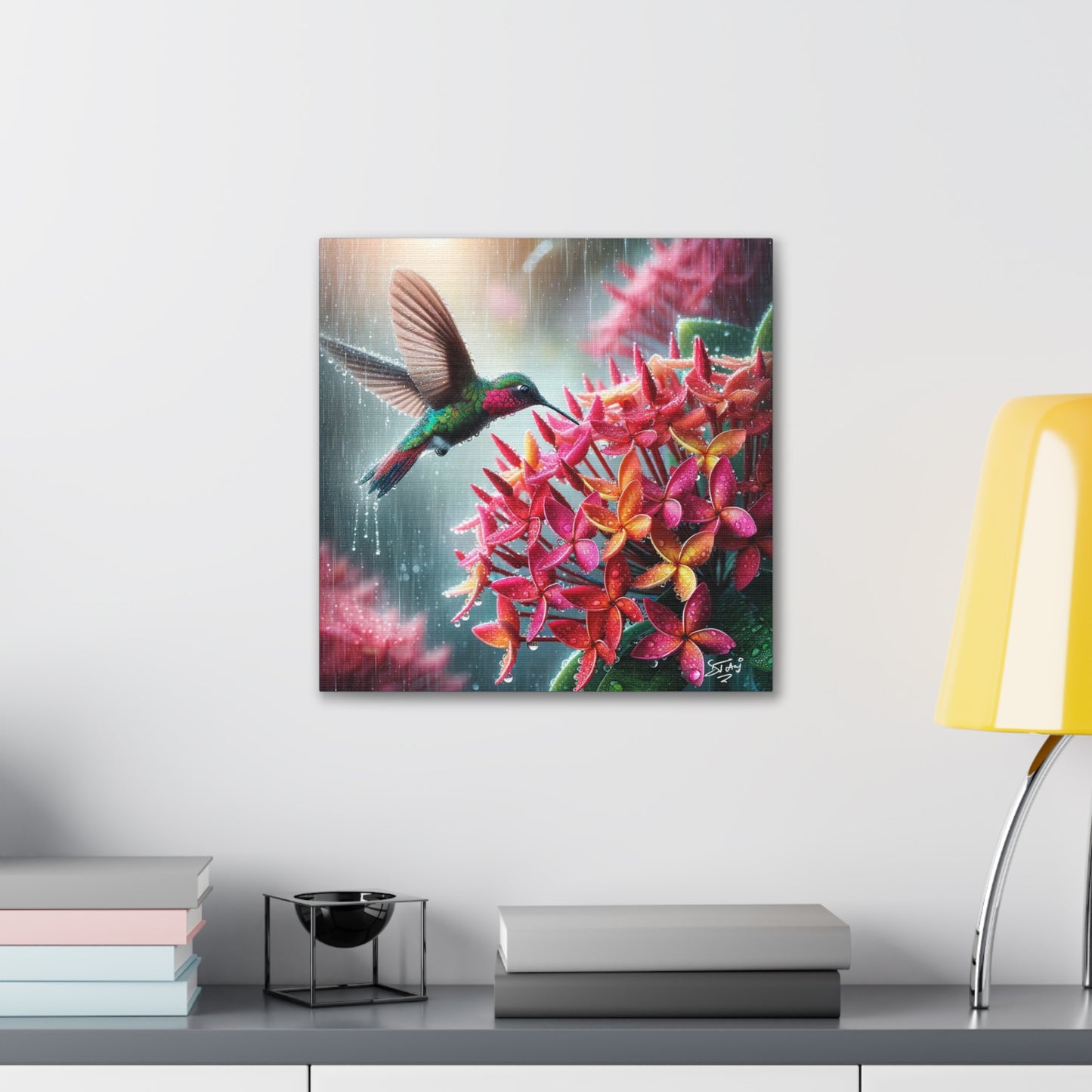 Print of Hummingbird in the Rain Hovering over Ixora Flower, Oil Paint Finish, Caribbean, Tropical, Canvas Gallery Wraps