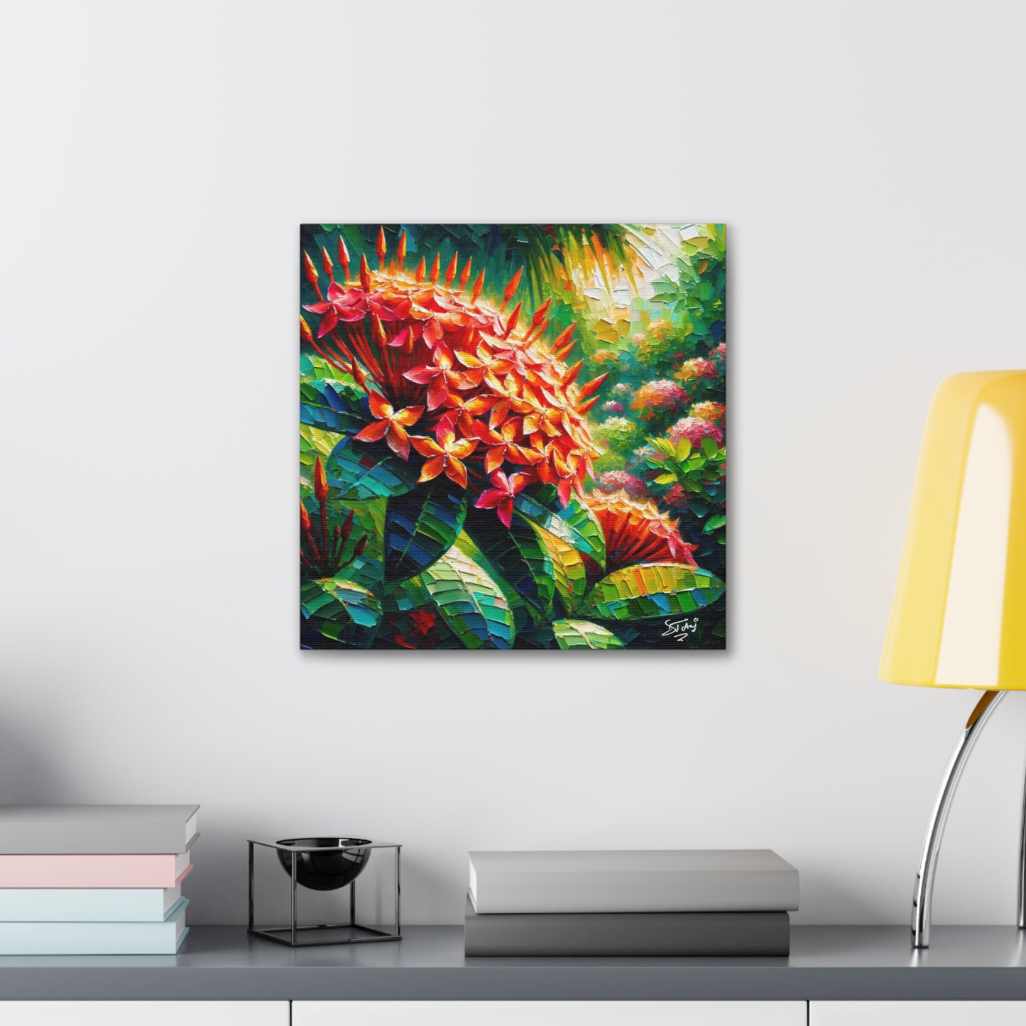 Art Print of Ixora Flowers, Oil Finish, West Indian Art, Canvas Gallery Wraps