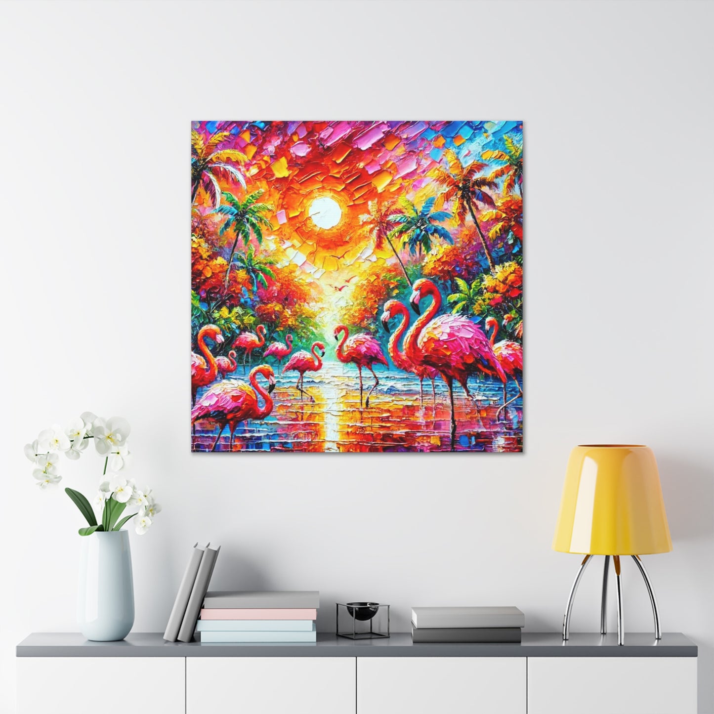 Art Print, Flamingos, Abstract Oil Finish, Trinidad & Tobago, Caribbean, West Indian Art, Canvas Gallery Wraps