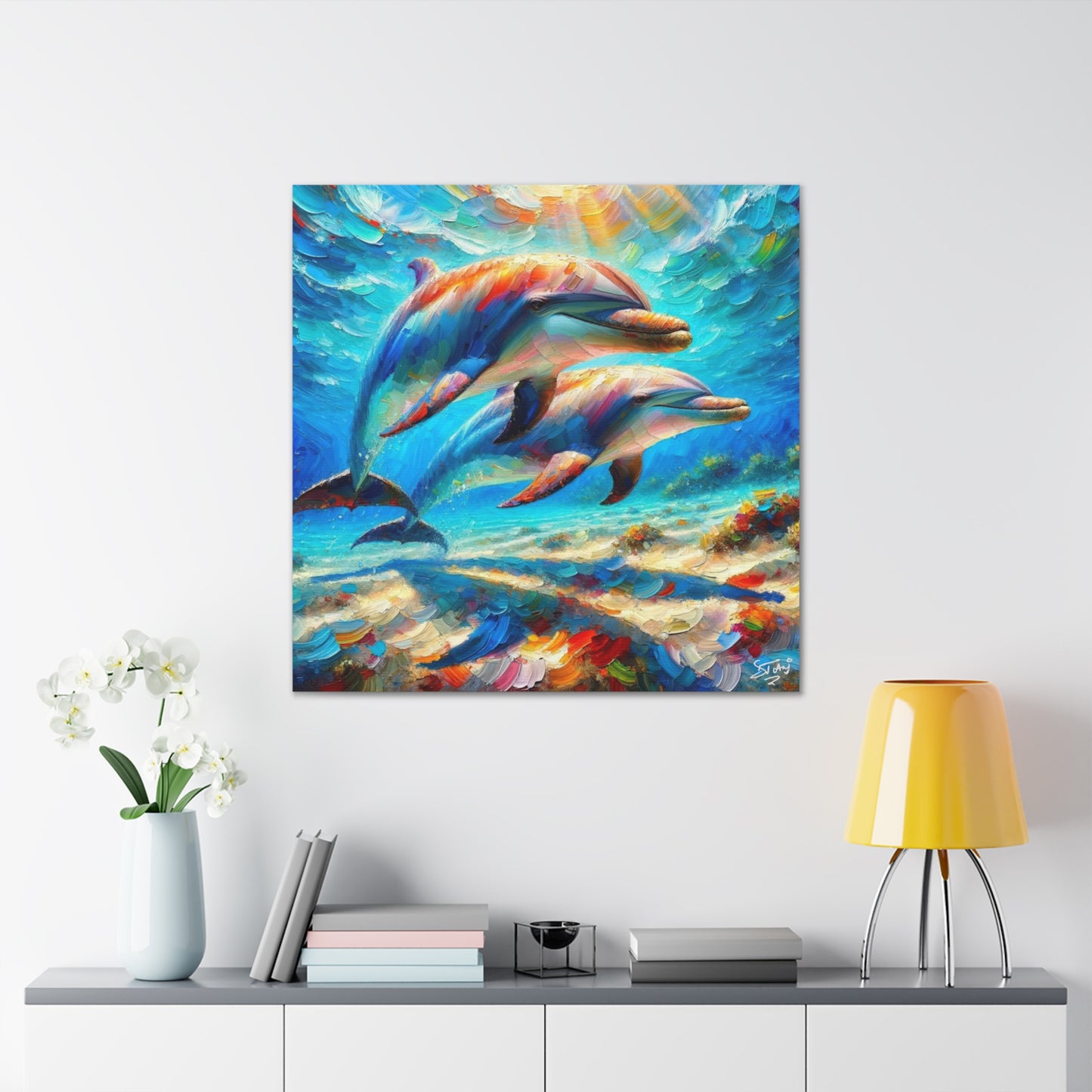 Art Print, Two Dolphins, Oil Finish, Caribbean Nature, Canvas Gallery Wrap