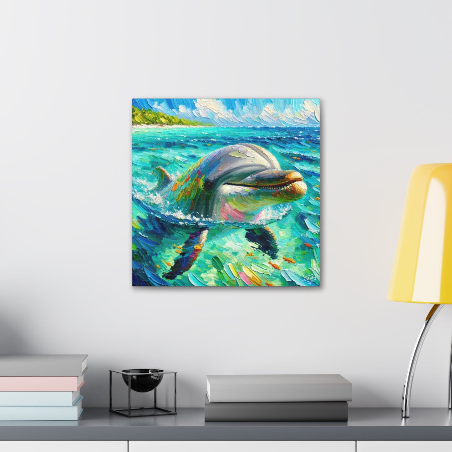 Art Print, Dolphin in Caribbean Sea, Oil Finish, Caribbean Nature, Canvas Gallery Wrap