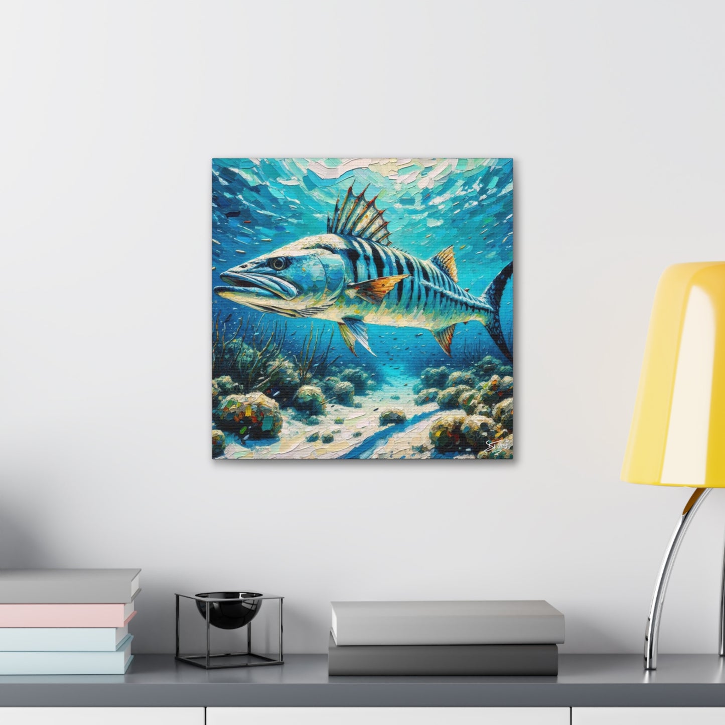 Art Print, Great Barracuda, Oil Finish, Caribbean Nature, Canvas Gallery Wrap