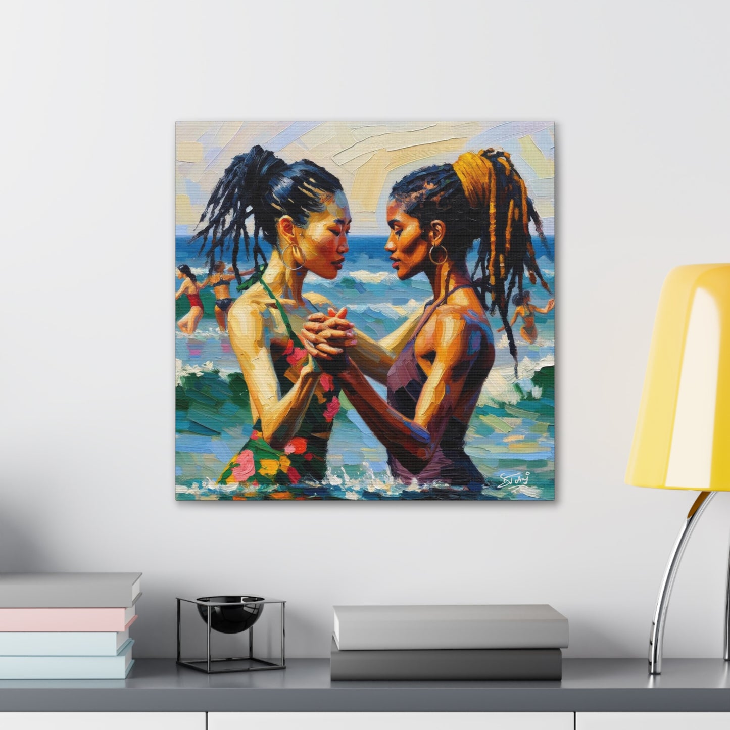 Art Print, Caribbean Couple, "In Our World" Semi-Abstract Oil Finish, West Indian Ethnicity, Cultural, Heritage, Canvas Gallery Wrap