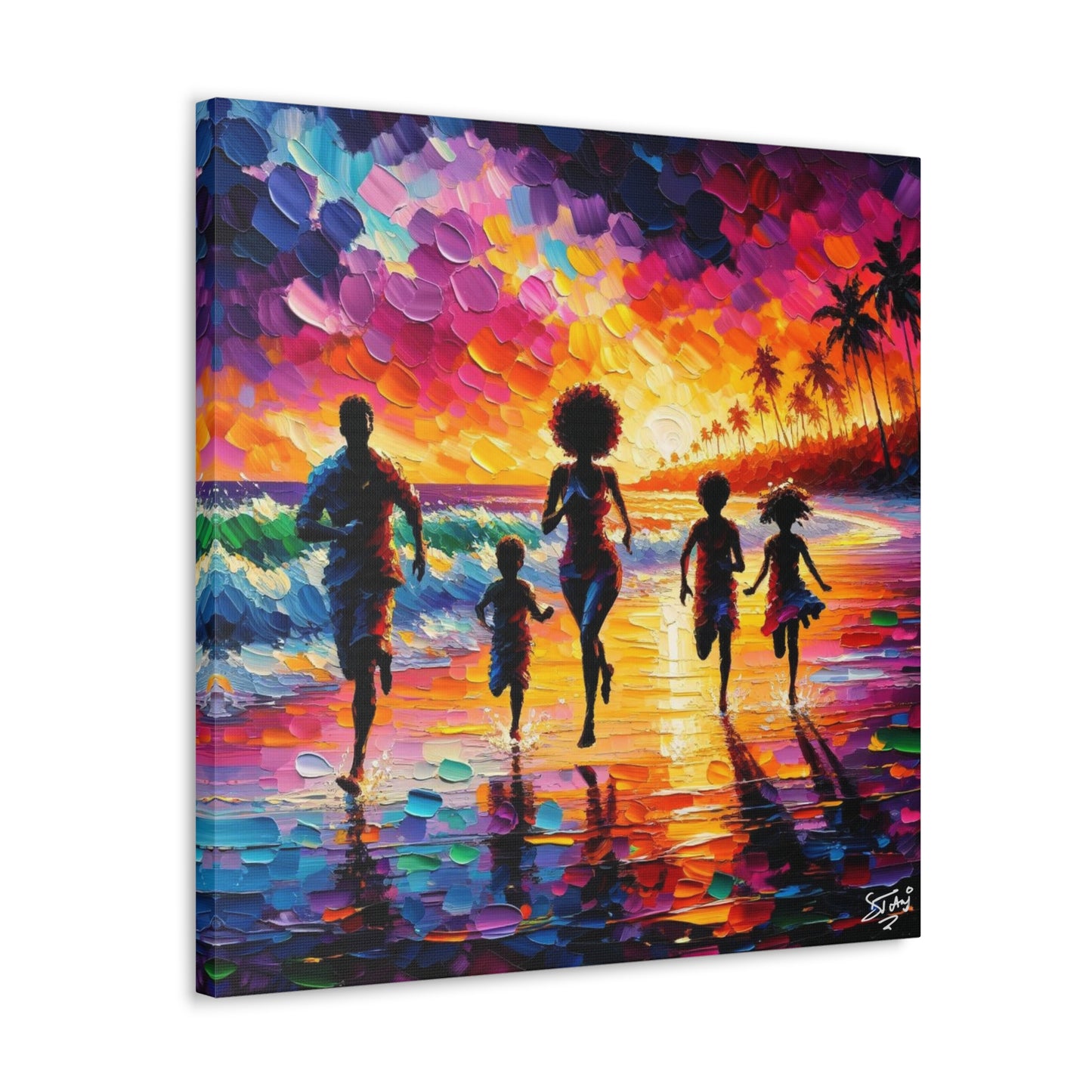 Art Print, Caribbean Family, "Having Fun" Oil Finish, West Indian Ethnicity, Cultural, Heritage, Abstract, Canvas Gallery Wrap