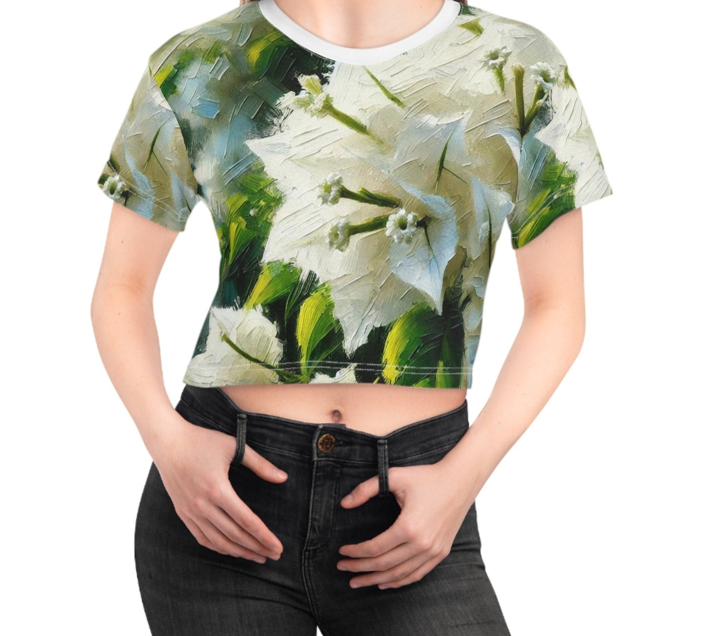 Women's Silky Soft Crop Tee (AOP) White Floral Print