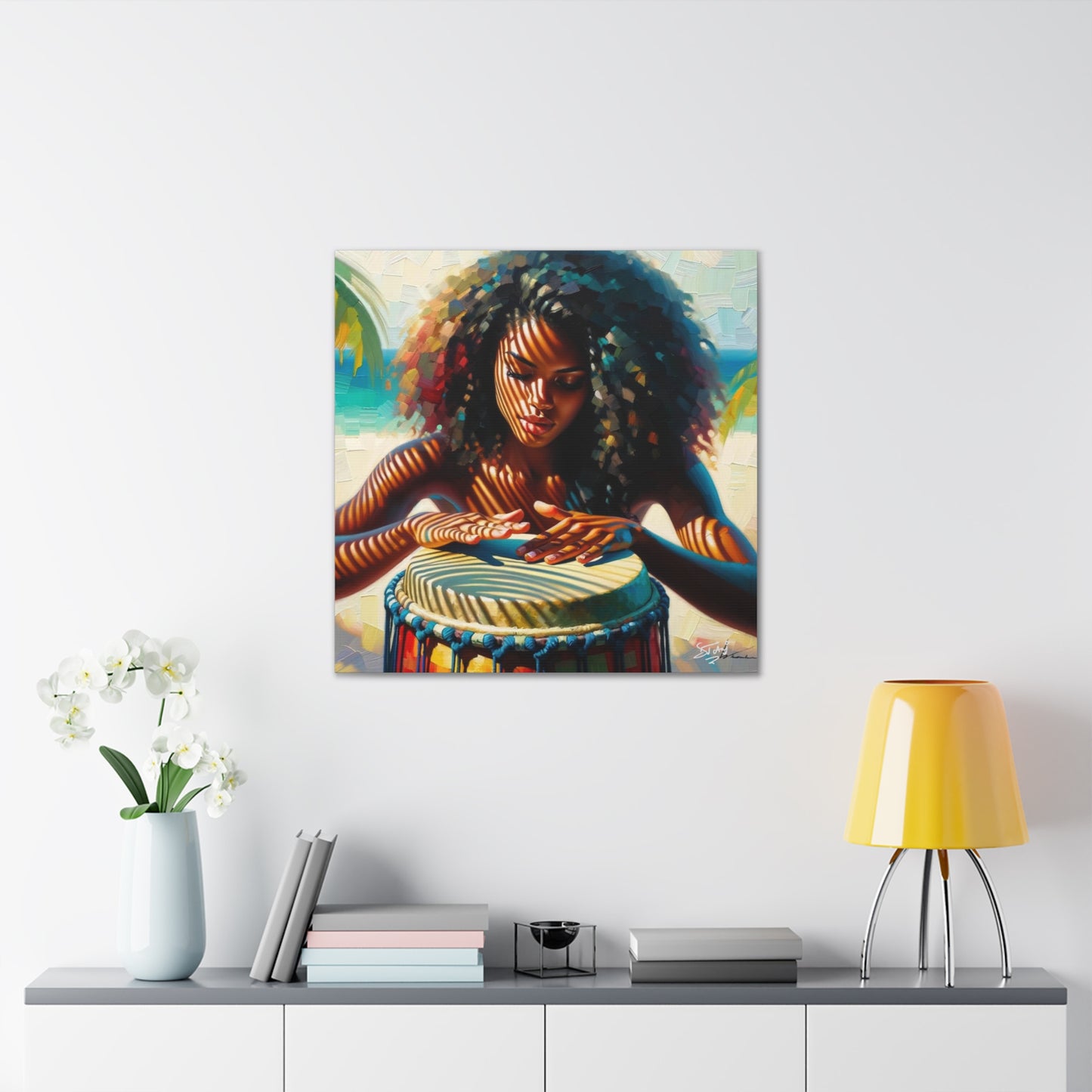 Art Print, Afro-Caribbean Woman, "Drumming" Oil Finish, West Indian Ethnicity, Cultural, Heritage, Abstract, Canvas Gallery Wrap