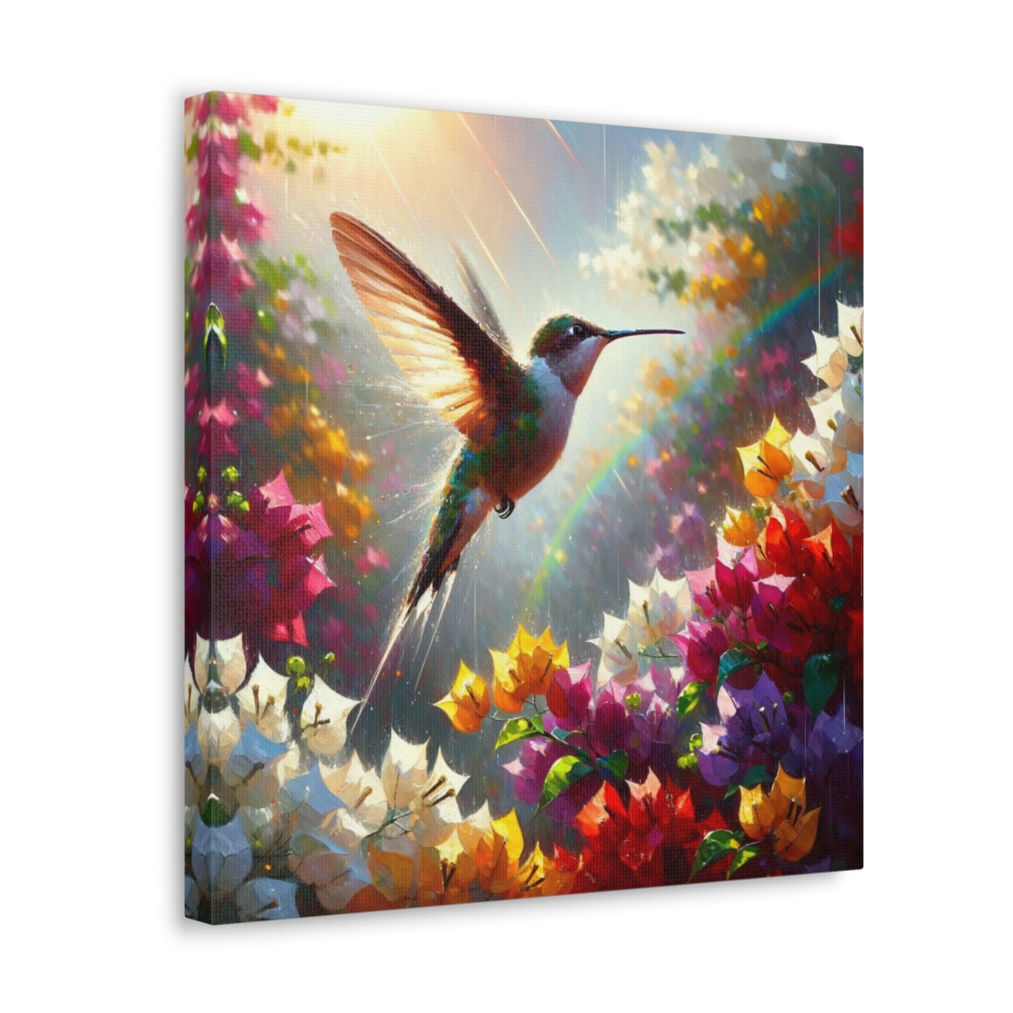 Art Print#3 of Hummingbird in Flight...in the Sun and Rain, Bougainvillea, Caribbean, Oil Finish, West Indian Art, Canvas Gallery Wraps