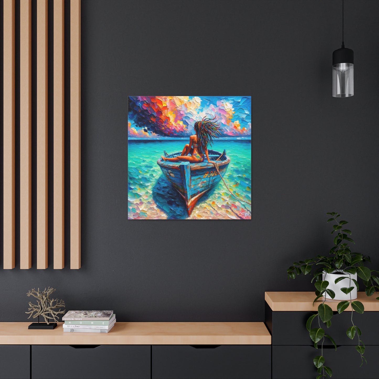 Art Print, Afro-Caribbean Woman "Chilling in the Boat (2)" Oil Finish, West Indian Ethnicity, Cultural, Heritage, Semi-Abstract, Canvas Gallery Wrap