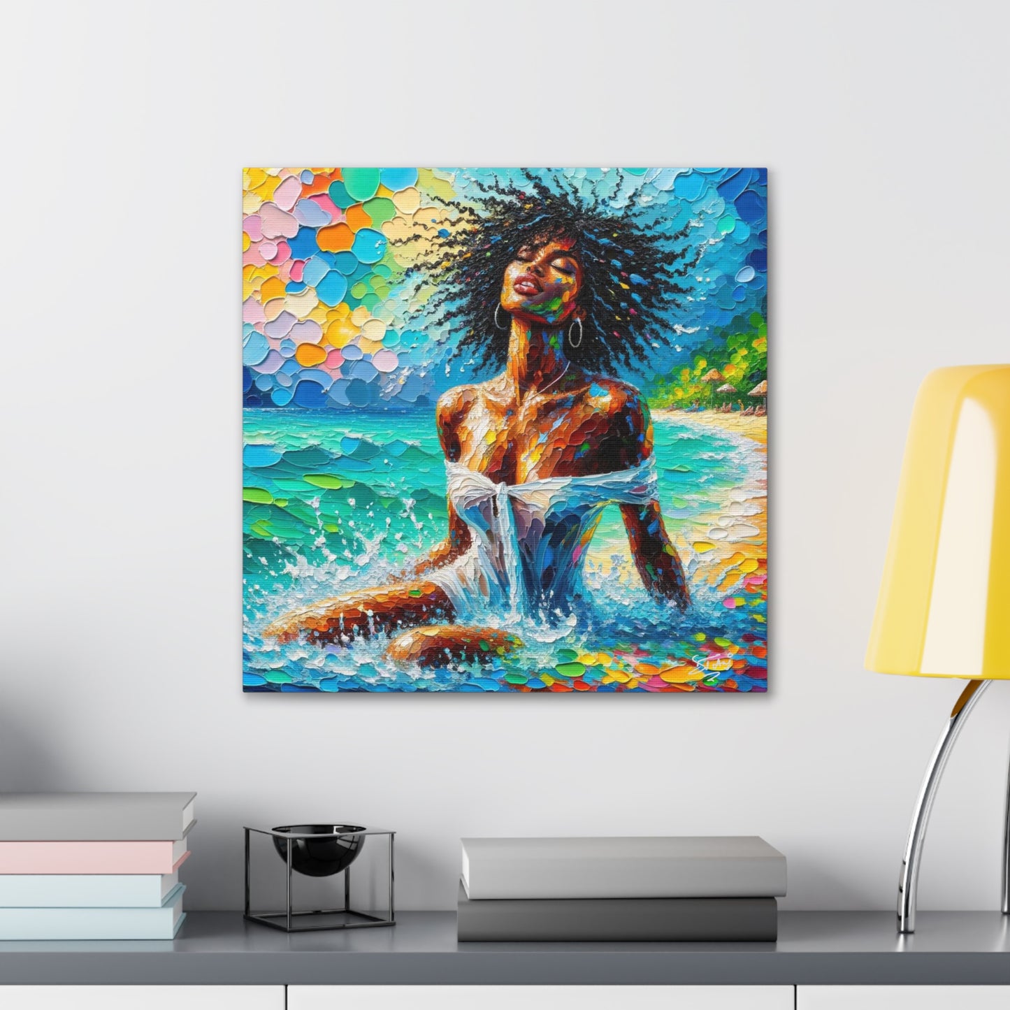 Art Print, Afro-Caribbean Woman, "Sea Bath" Abstract, Oil Finish, West Indian Ethnicity, Cultural, Heritage, Abstract, Canvas Gallery Wrap