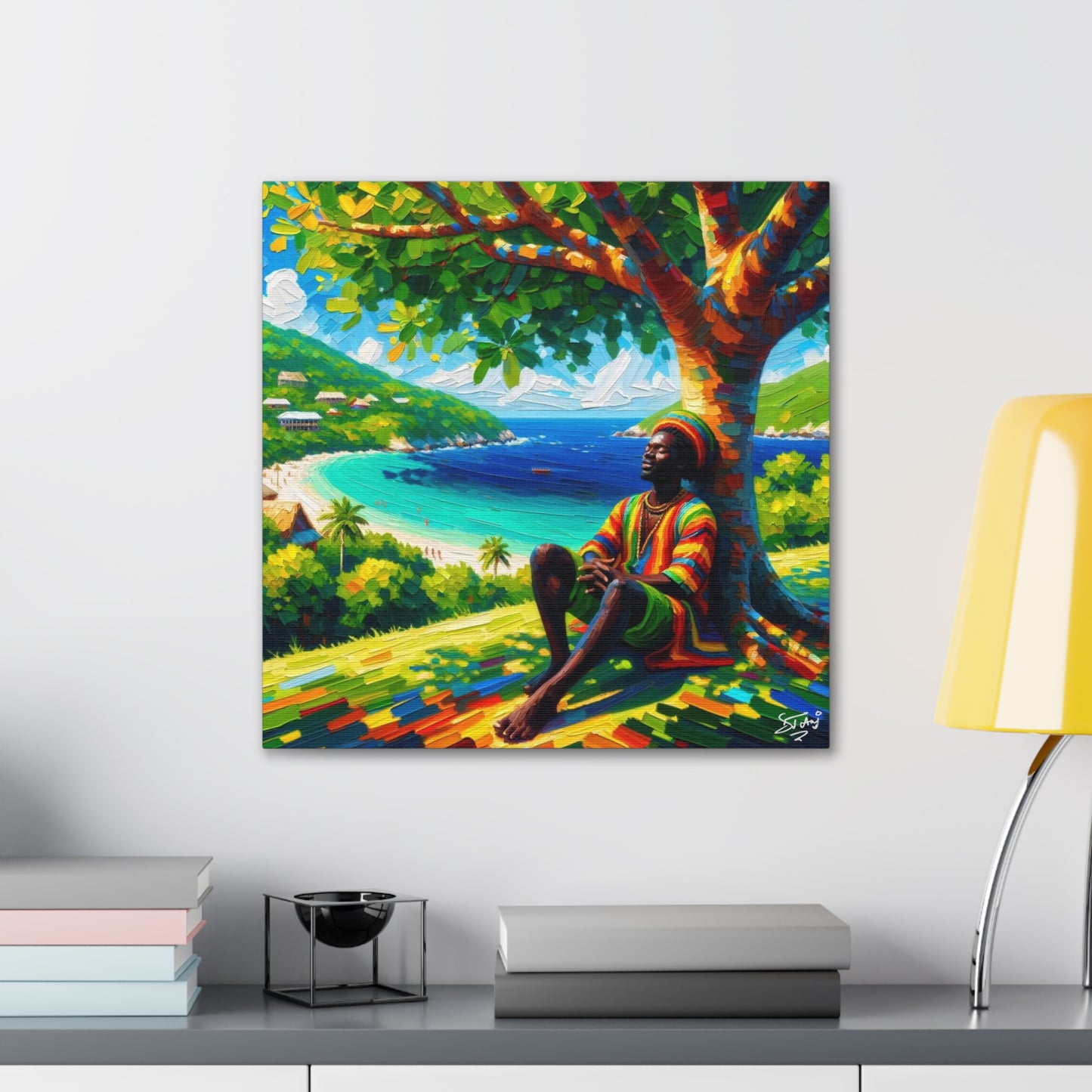 Art Print of Caribbean Man "Under the Tree," West Indian Art, Canvas Gallery Wraps