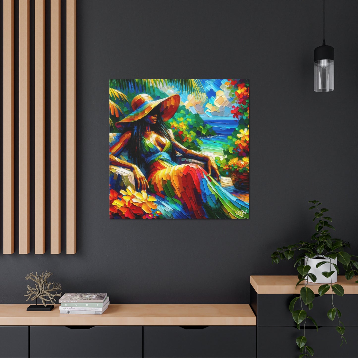 Art Print, Afro-Caribbean Woman, "Relaxing" Oil Finish, West Indian Ethnicity, Cultural, Heritage, Abstract, Canvas Gallery Wrap