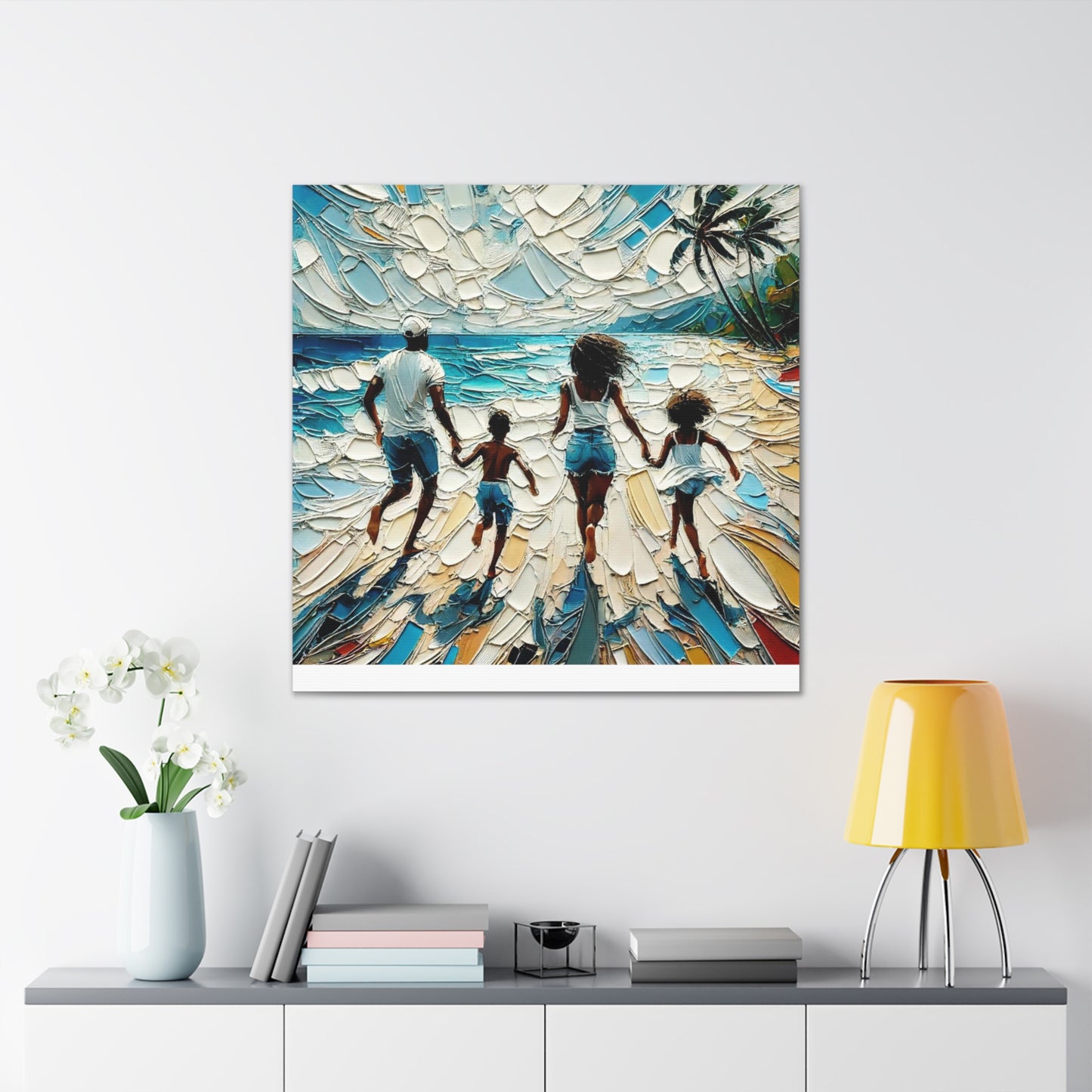 Art Print, Afro-Caribbean Family "Running on the Beach," Oil Finish, West Indian Ethnicity, Cultural, Heritage, Semi-Abstract, Canvas Gallery Wrap