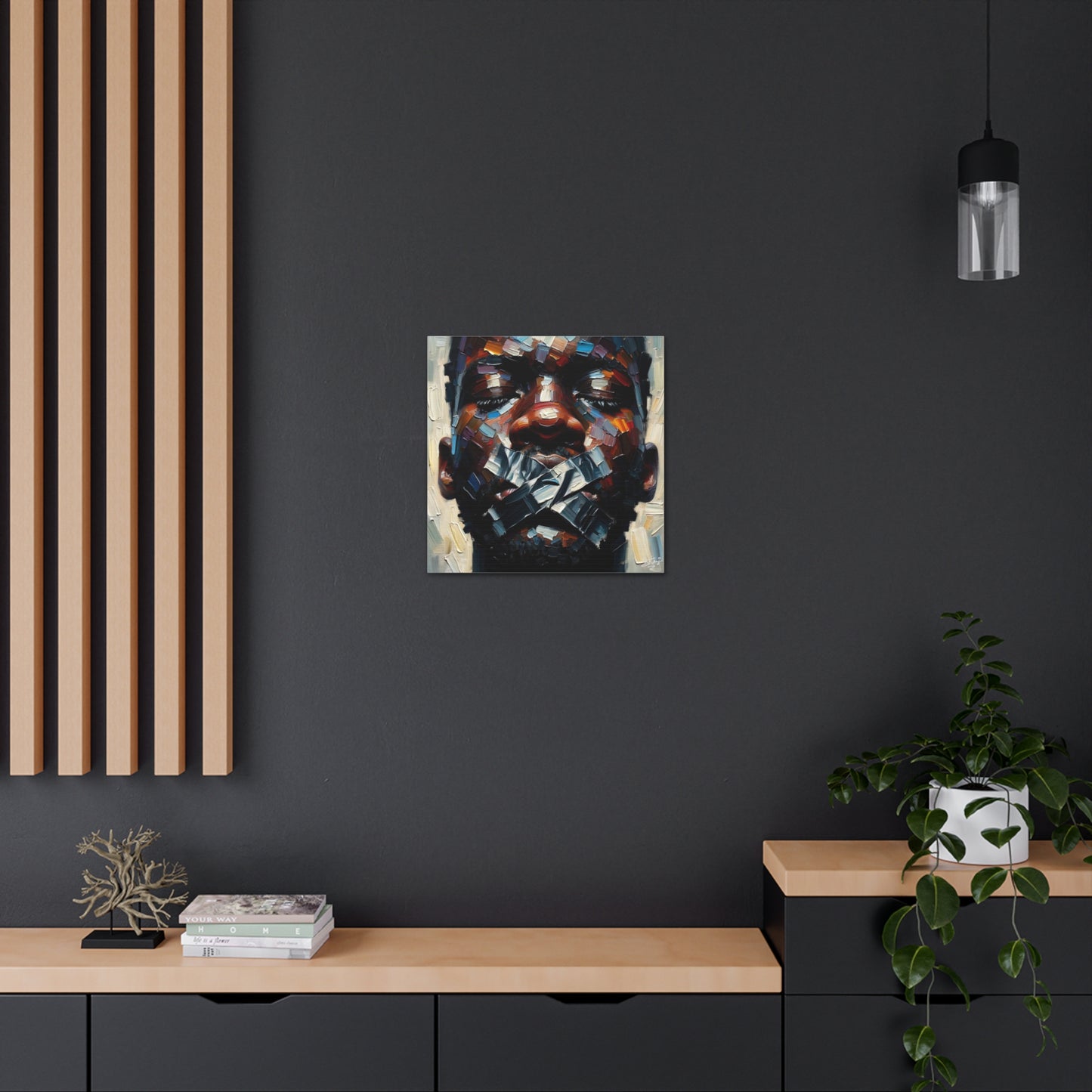 Art Print, Afro-Caribbean Man Silenced? Oil Finish, West Indian Ethnicity, Cultural, Heritage, Semi-Abstract, Canvas Gallery Wrap