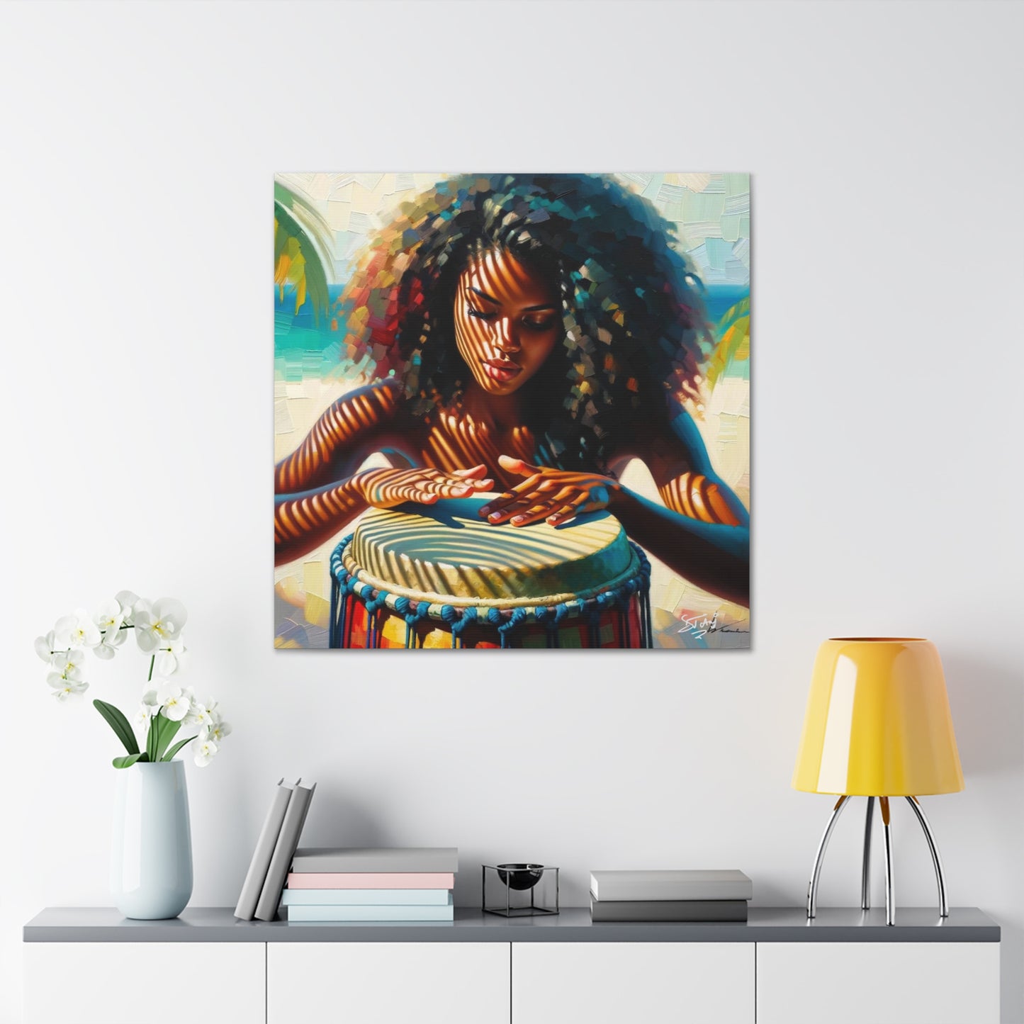 Art Print, Afro-Caribbean Woman, "Drumming" Oil Finish, West Indian Ethnicity, Cultural, Heritage, Abstract, Canvas Gallery Wrap