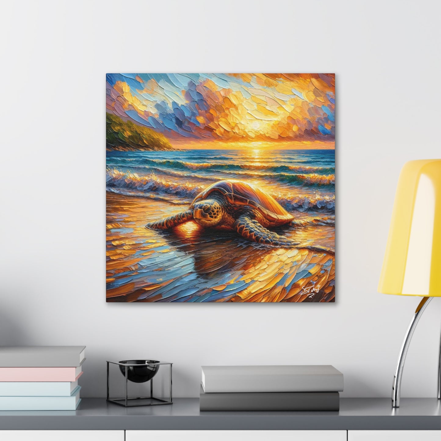 Art Print, Turtle at Sunset, Caribbean Wildlife, Oil Finish, Caribbean Nature, Culture, Heritage, Canvas Gallery Wrap