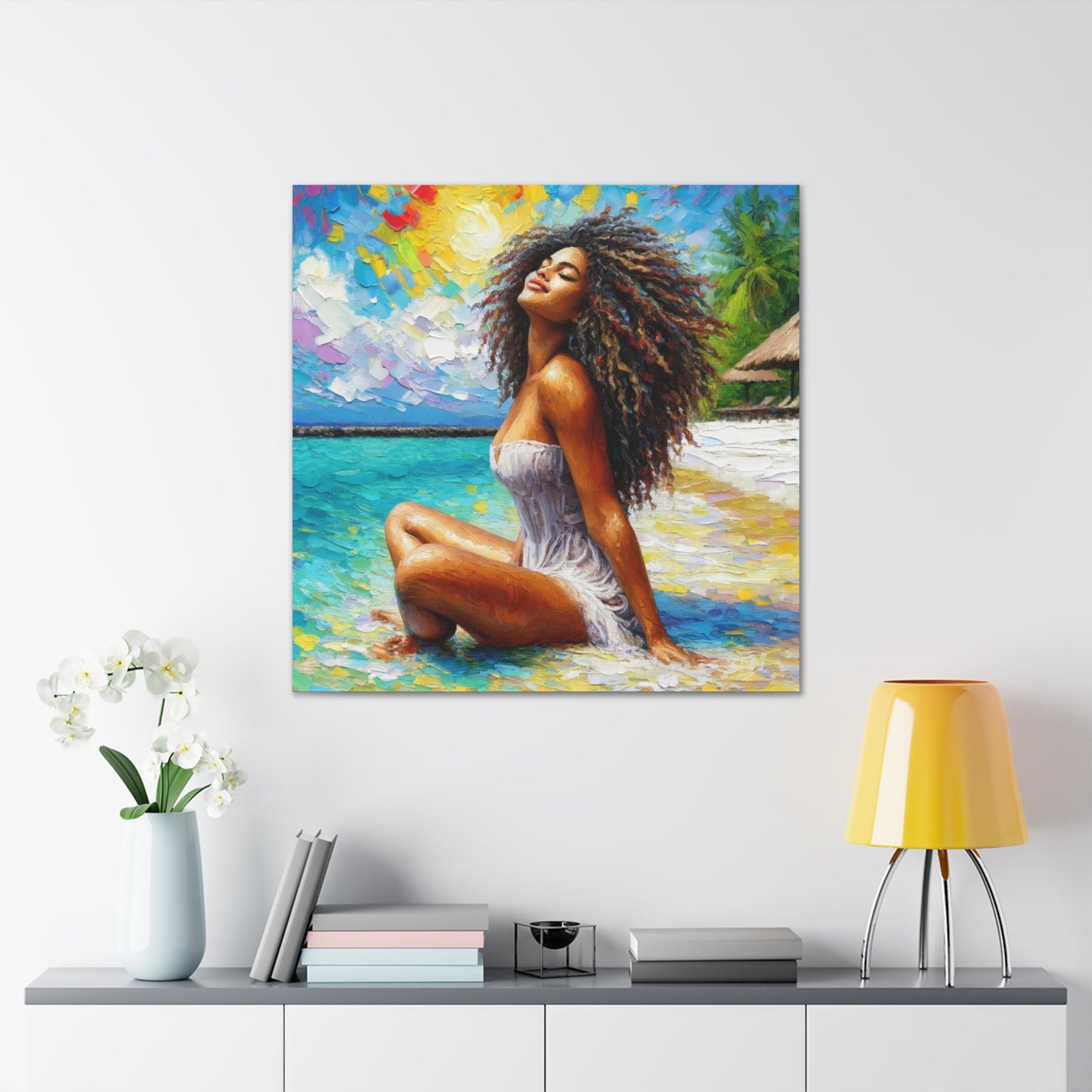 Art Print, Indo-Caribbean Woman, "Chilling on the Beach" Oil Finish, West Indian Ethnicity, Cultural, Heritage, Abstract, Canvas Gallery Wrap