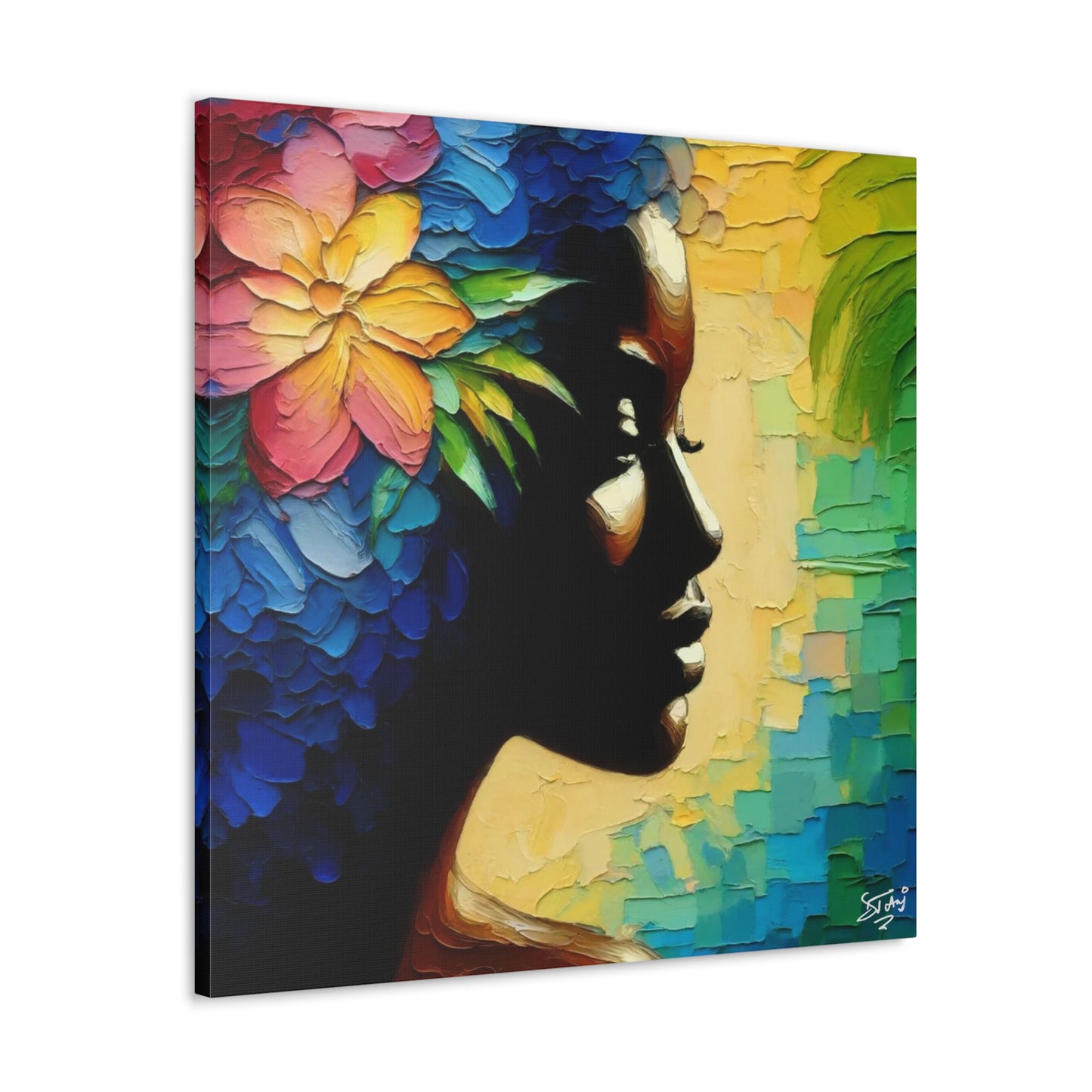 Art Print, Afro-Caribbean Woman "Deep in Thought" Oil Finish, West Indian Ethnicity, Cultural, Heritage, Semi-Abstract, Canvas Gallery Wrap