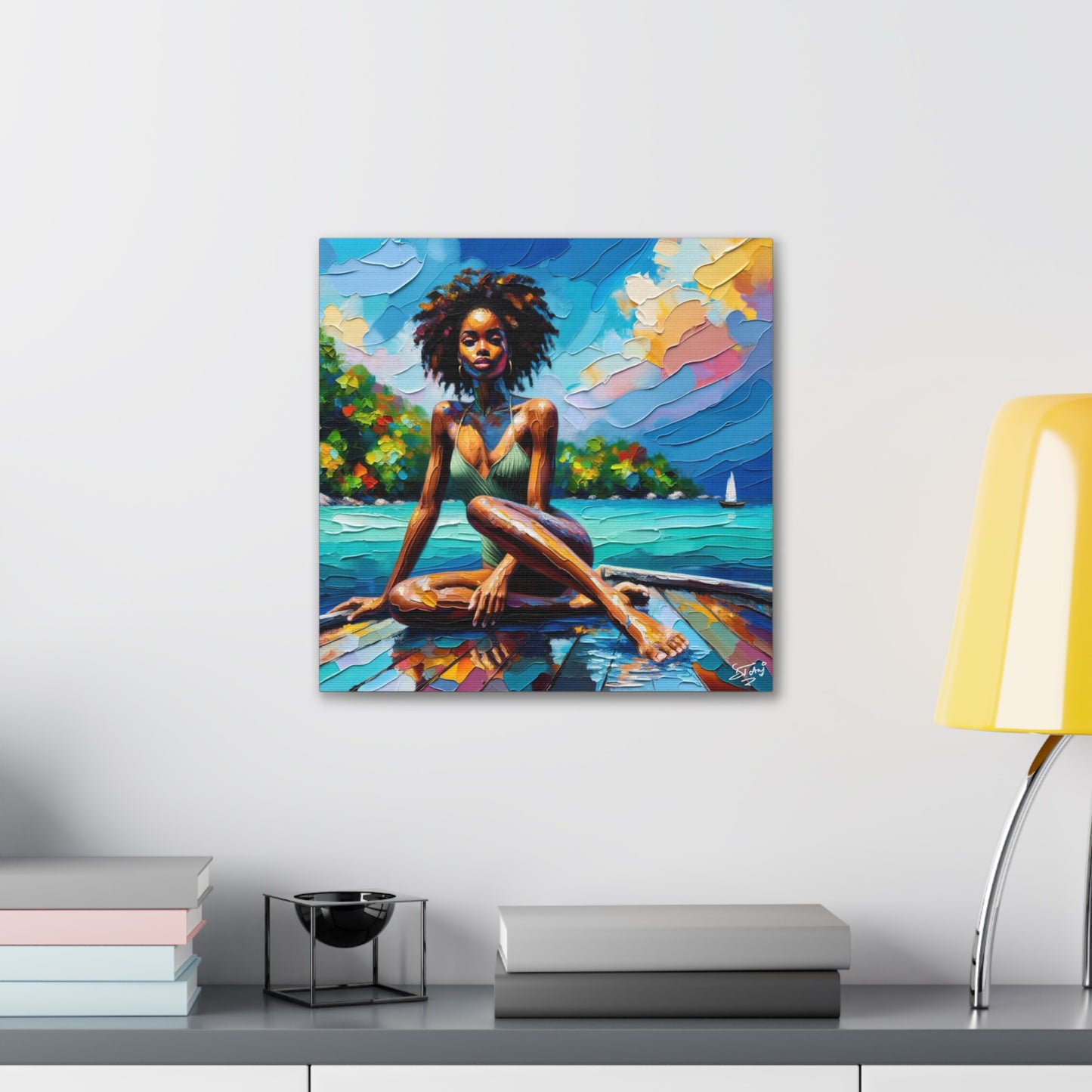 Art Print, Afro-Caribbean Woman "Chilling in the Boat" Oil Finish, West Indian Ethnicity, Cultural, Heritage, Semi-Abstract, Canvas Gallery Wrap