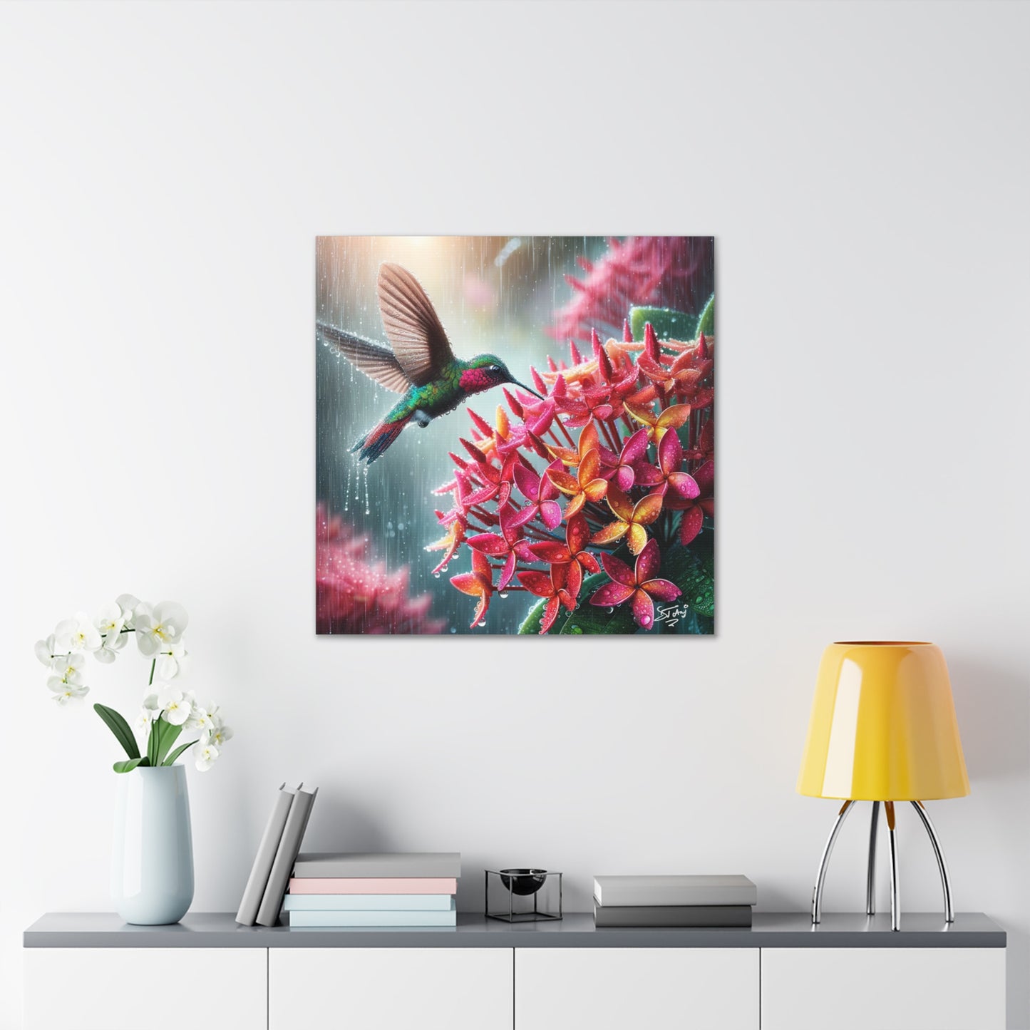 Print of Hummingbird in the Rain Hovering over Ixora Flower, Oil Paint Finish, Caribbean, Tropical, Canvas Gallery Wraps