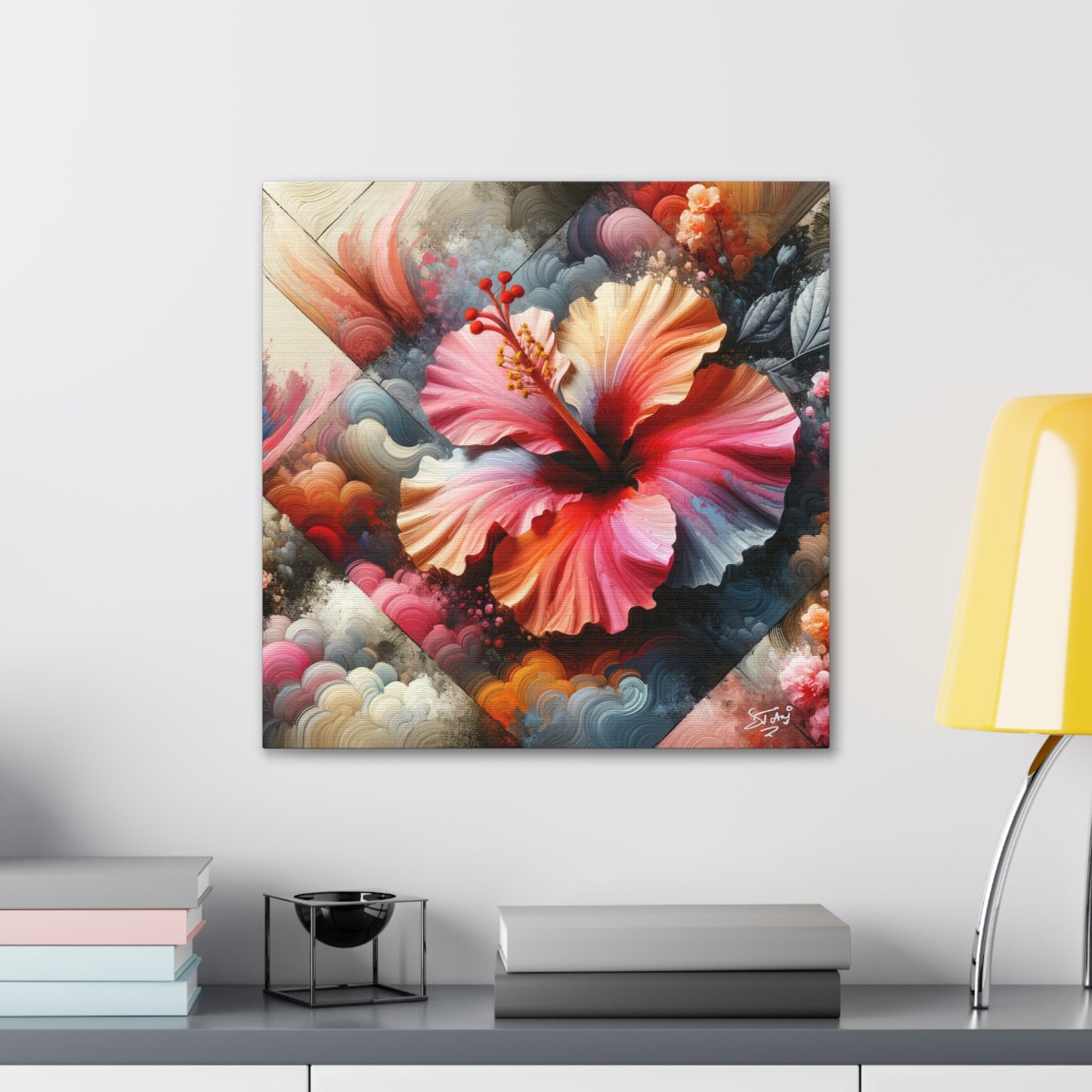 Oil Print of a Pink Hibiscus Flower, Close-up View, Semi-abstract, Caribbean, Vibrant Vivid Colors, Canvas Gallery Wraps