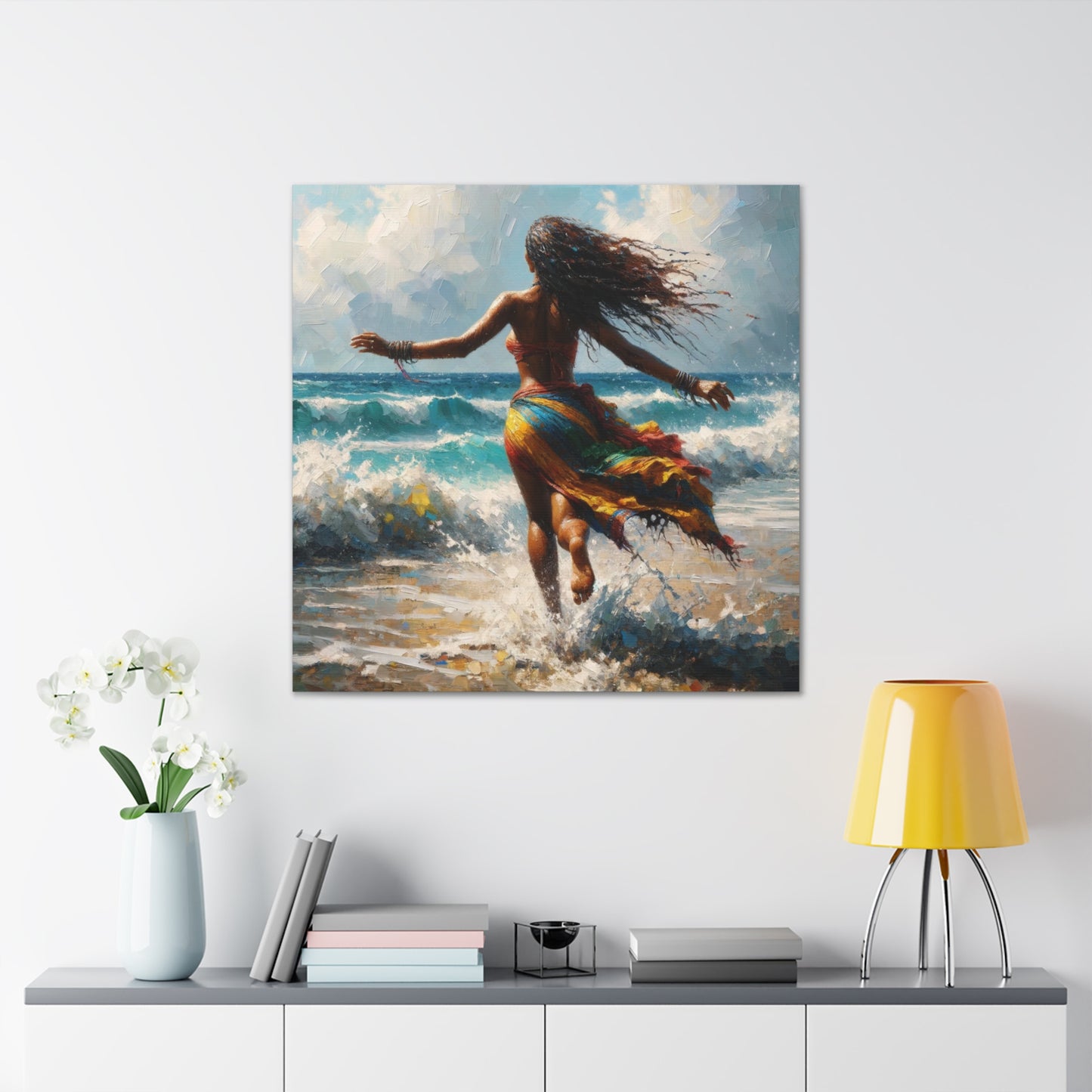 Art Print#2, East Indian Woman from Trinidad running into the Atlantic Ocean, Caribbean, Oil Finish, West Indian Art, Canvas Gallery Wraps