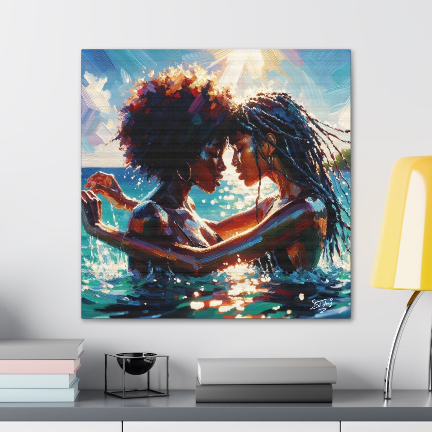 Art Print, Caribbean Couple, "In Our World" Semi-Abstract Oil Finish, West Indian Ethnicity, Cultural, Heritage, Abstract, Canvas Gallery Wrap