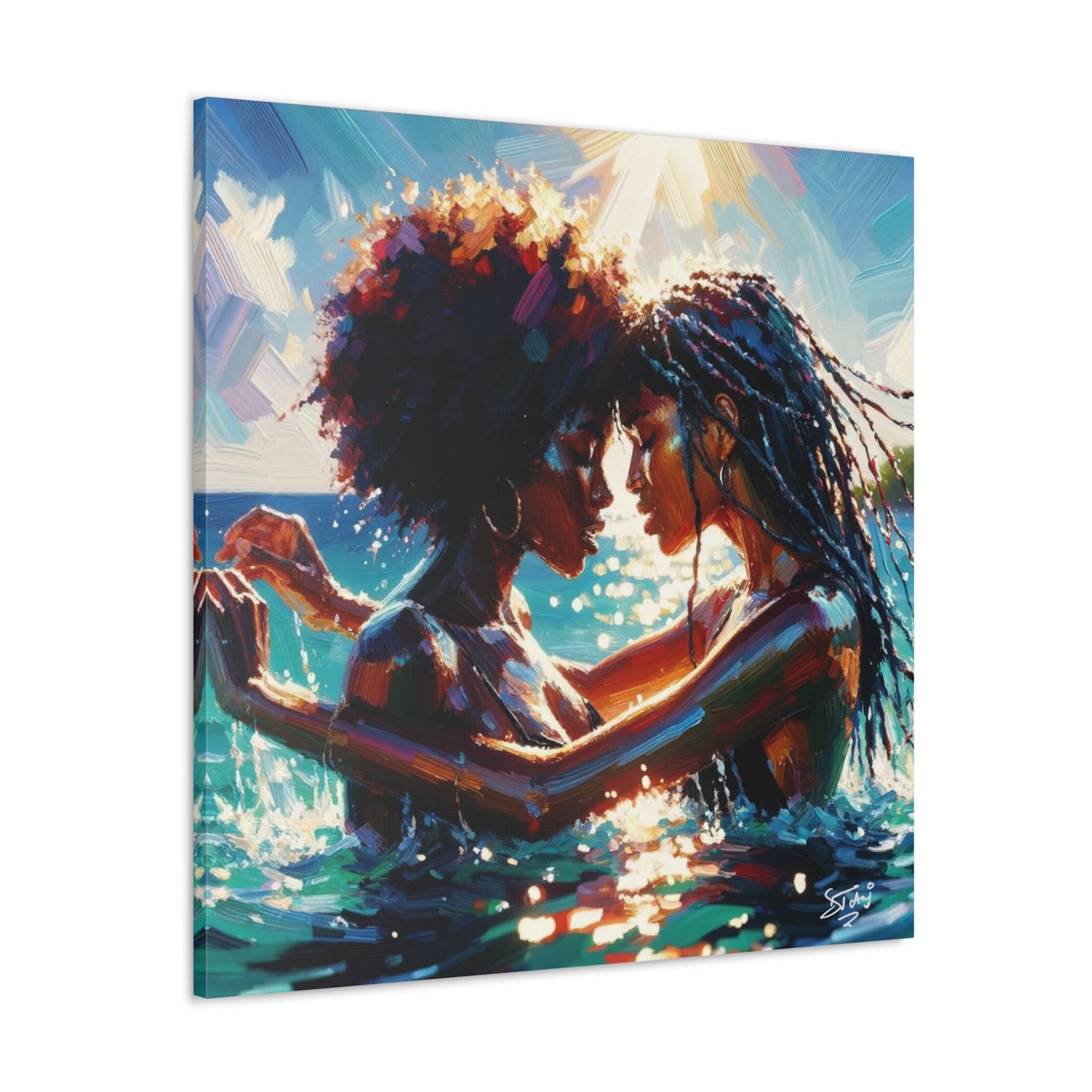 Art Print, Caribbean Couple, "In Our World" Semi-Abstract Oil Finish, West Indian Ethnicity, Cultural, Heritage, Abstract, Canvas Gallery Wrap