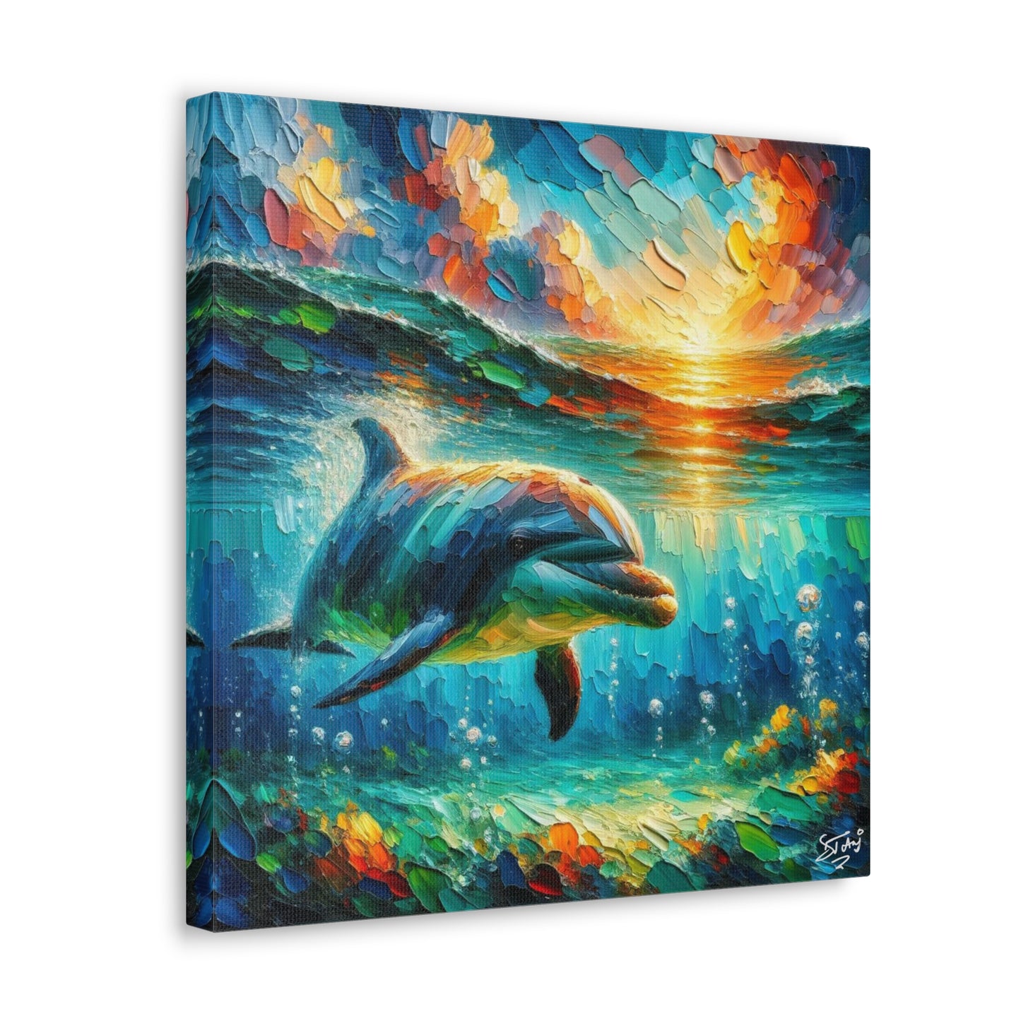 Art Print, Dolphin at Sunset, Oil Finish, Caribbean Nature, Semi-Abstract, Canvas Gallery Wrap