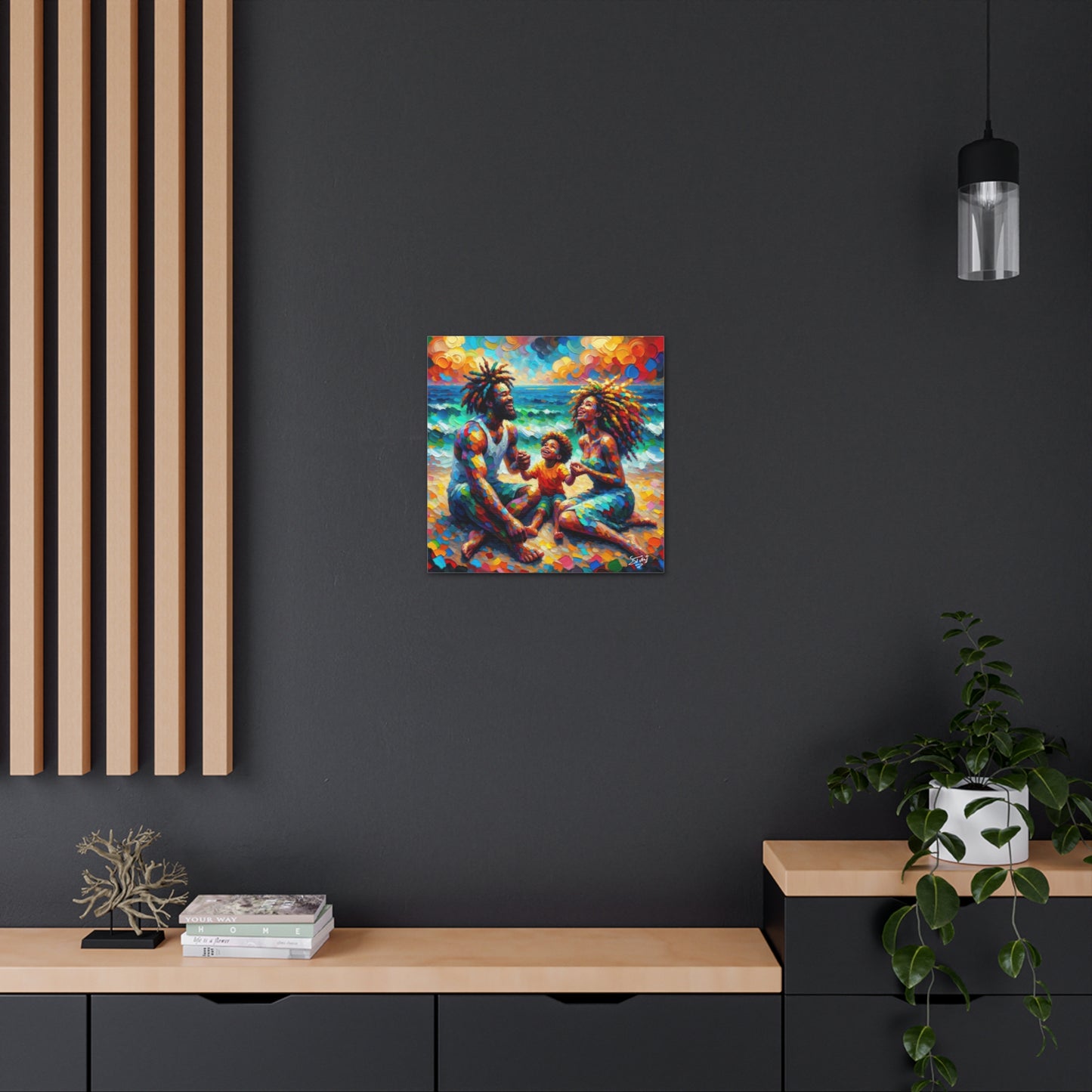 Art Print, Afro-Caribbean Family "Sitting on the Beach," Oil Finish, West Indian Ethnicity, Cultural, Heritage, Semi-Abstract, Canvas Gallery Wrap