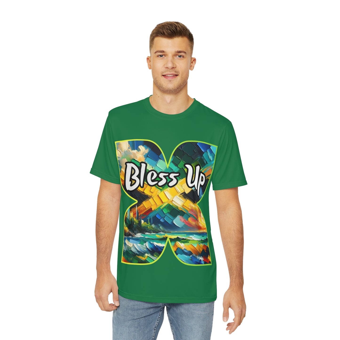 Men's Brushed Polyester Short Sleeve Tee (AOP), "Bless Up"