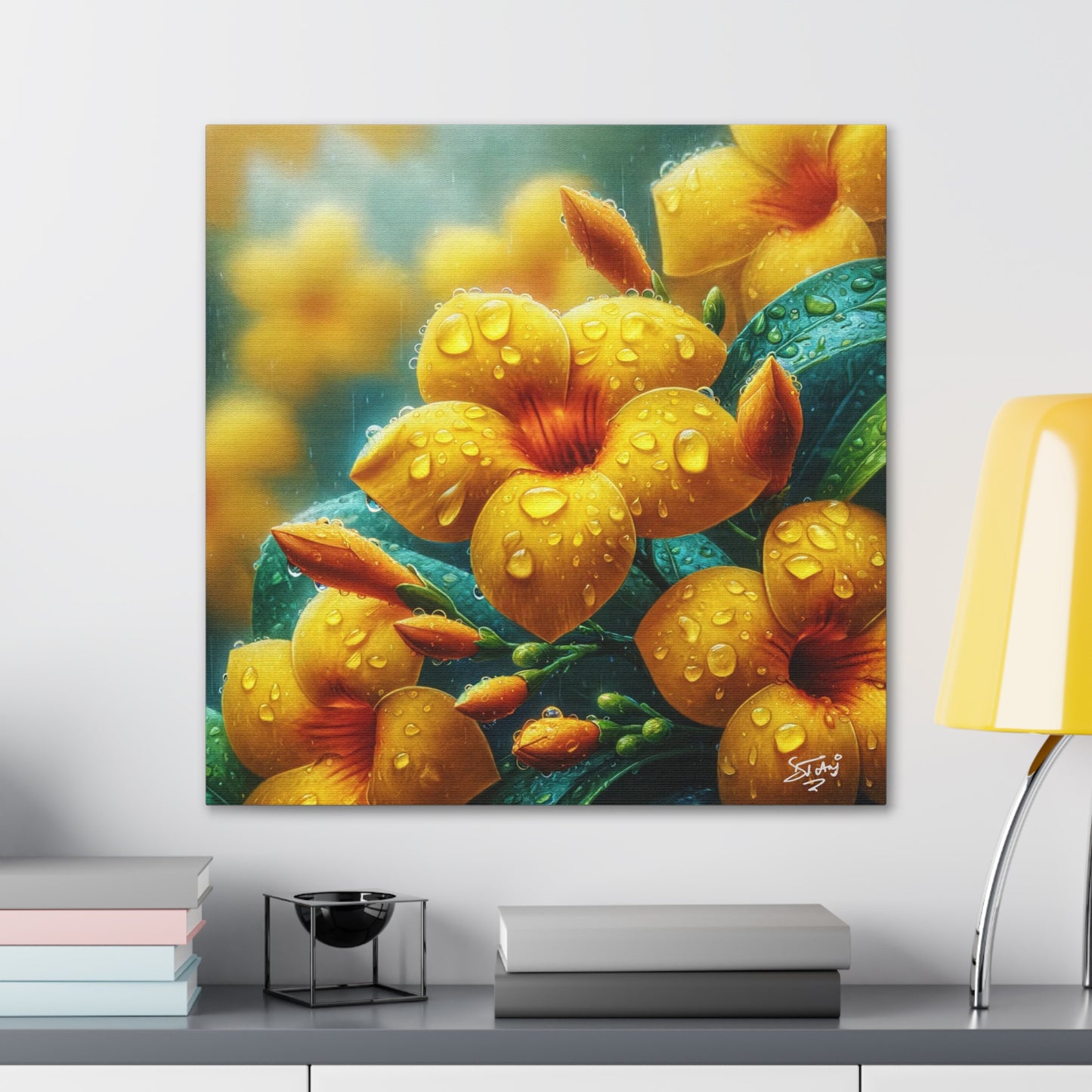 Print of Yellow Allamanda Flowers in the Rain, Oil Paint Finish, Caribbean, Tropical, Canvas Gallery Wraps