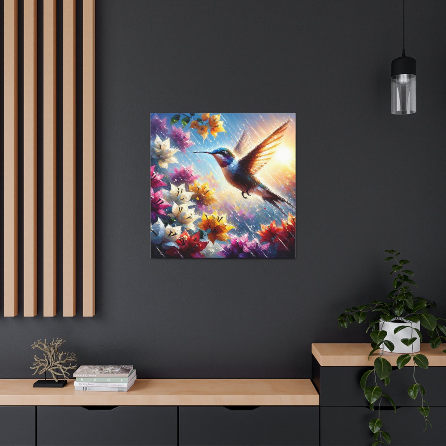 Art Print of Hummingbird in Flight...in the Sun and Rain, Bougainvillea, Caribbean, Oil Finish, West Indian Art, Canvas Gallery Wraps