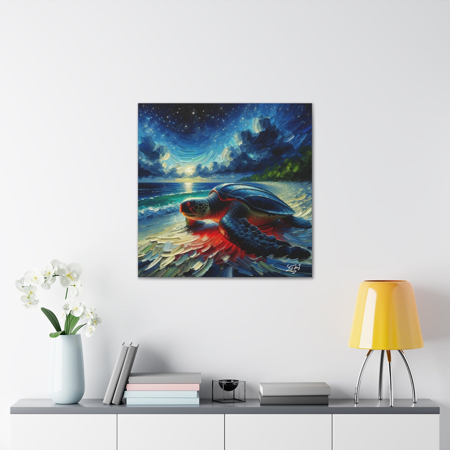 Art Print, Turtle at Night, Caribbean Wildlife, Oil Finish, Caribbean Nature, Culture, Heritage, Canvas Gallery Wrap